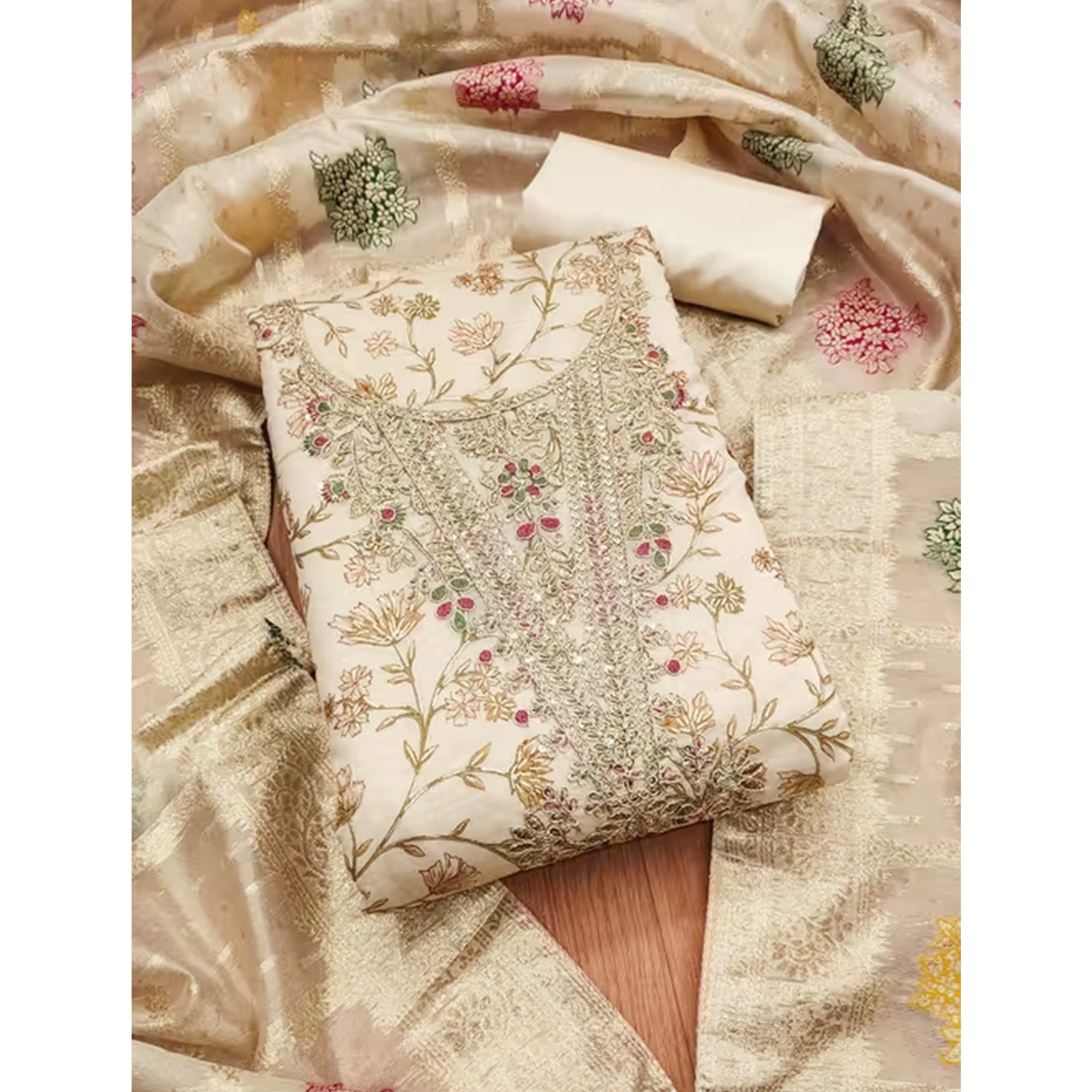 Cream & Mustard Floral Printed Chanderi Silk Dress Material Adorned with Fine Embroidered Work