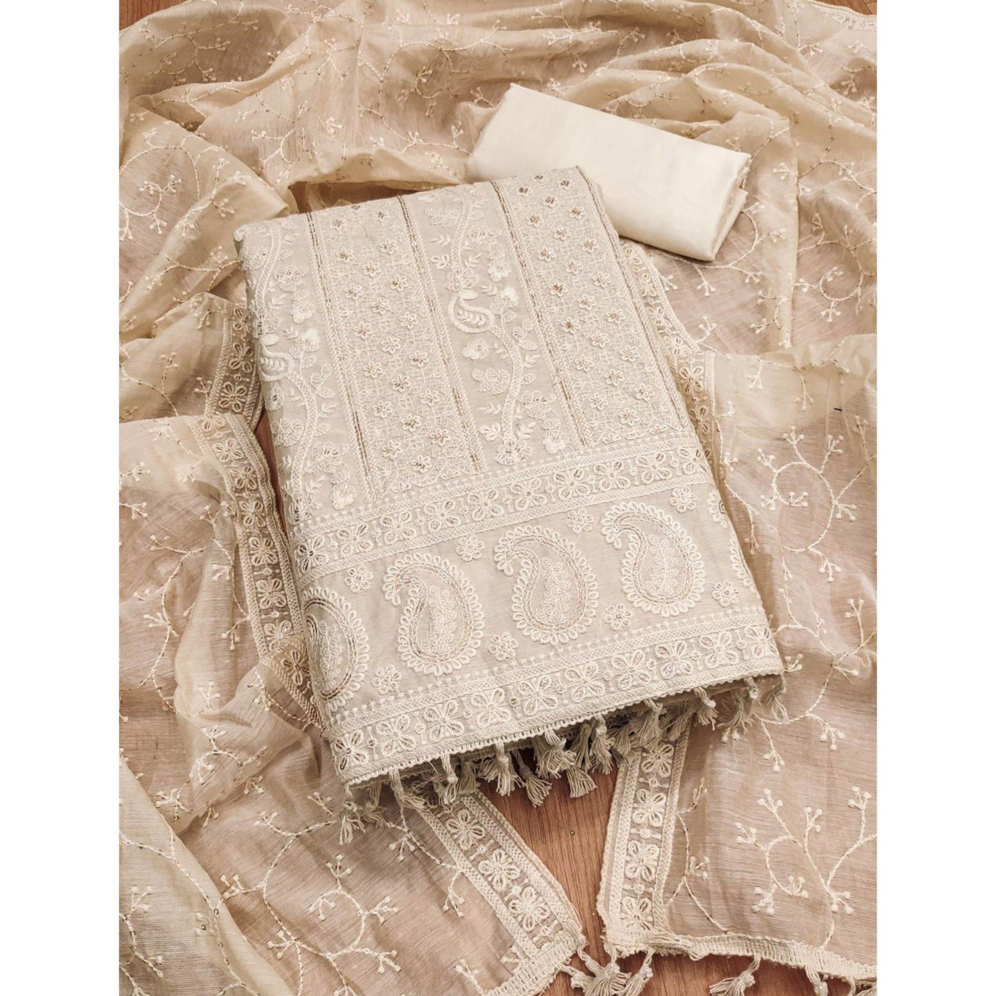 Elegant Cream Lucknowi Embroidery on Chanderi Silk Unstitched Suit Material
