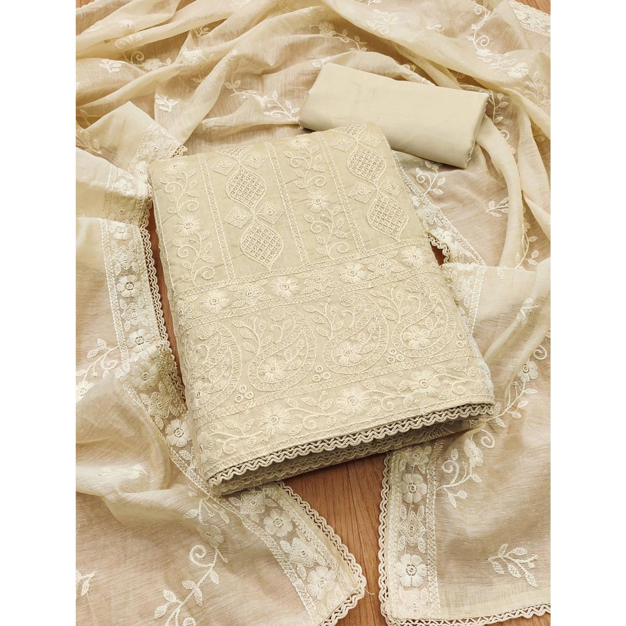 Sophisticated Cream Chanderi Silk Dress Material Highlighted with Classic Lucknowi Work