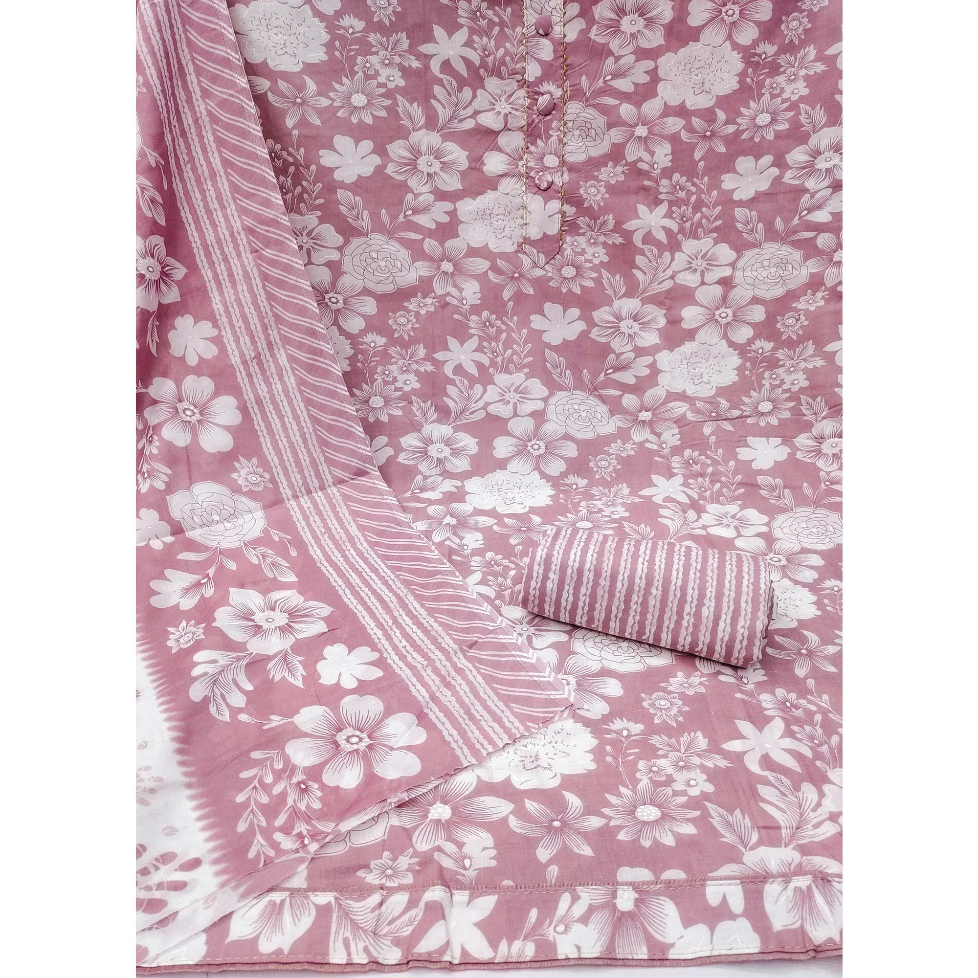 Onion Pink Floral Printed Pure Cotton Dress Material With A Fresh Elegant Appeal