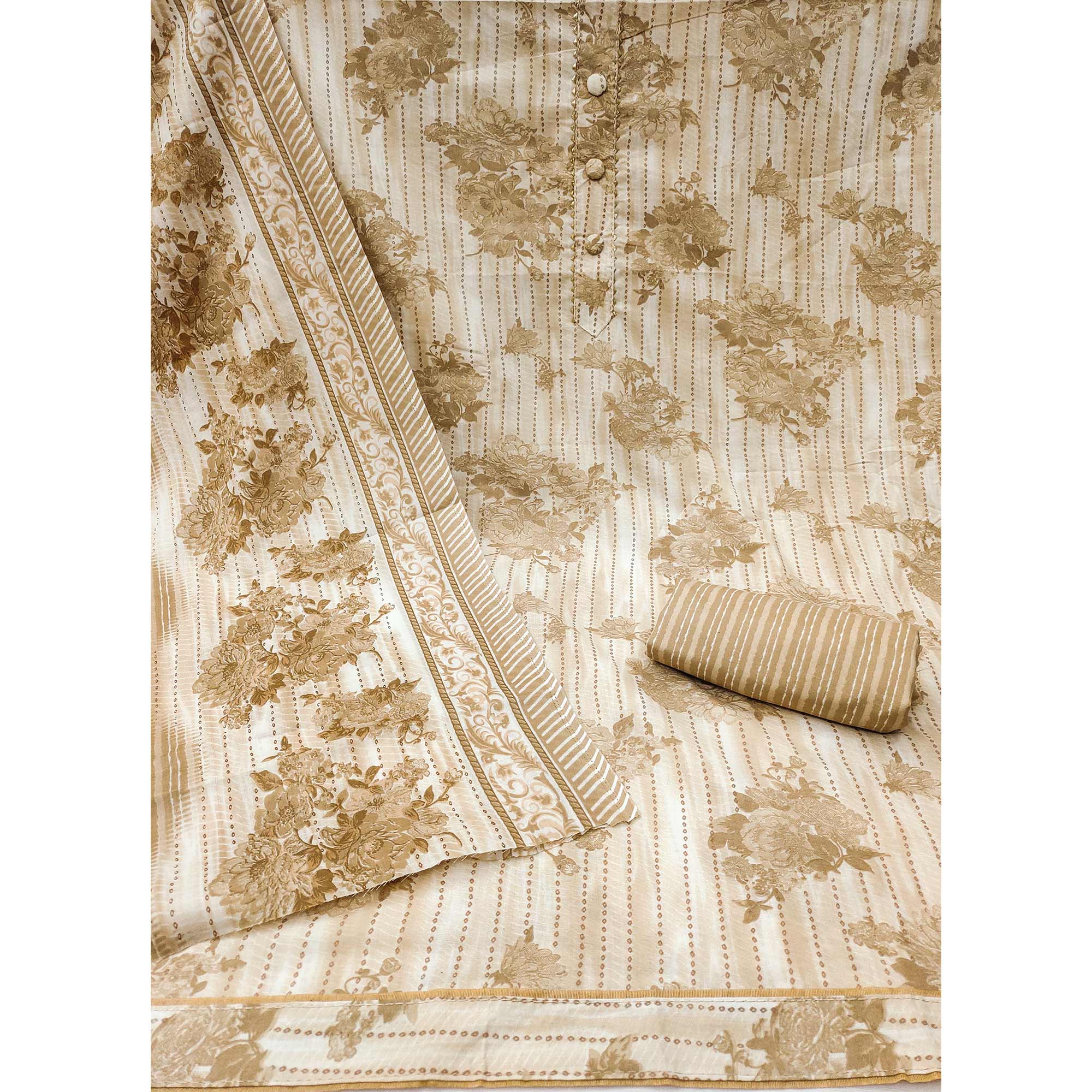 Refreshing Chikoo Floral Printed Pure Cotton Dress Material For Everyday Comfort