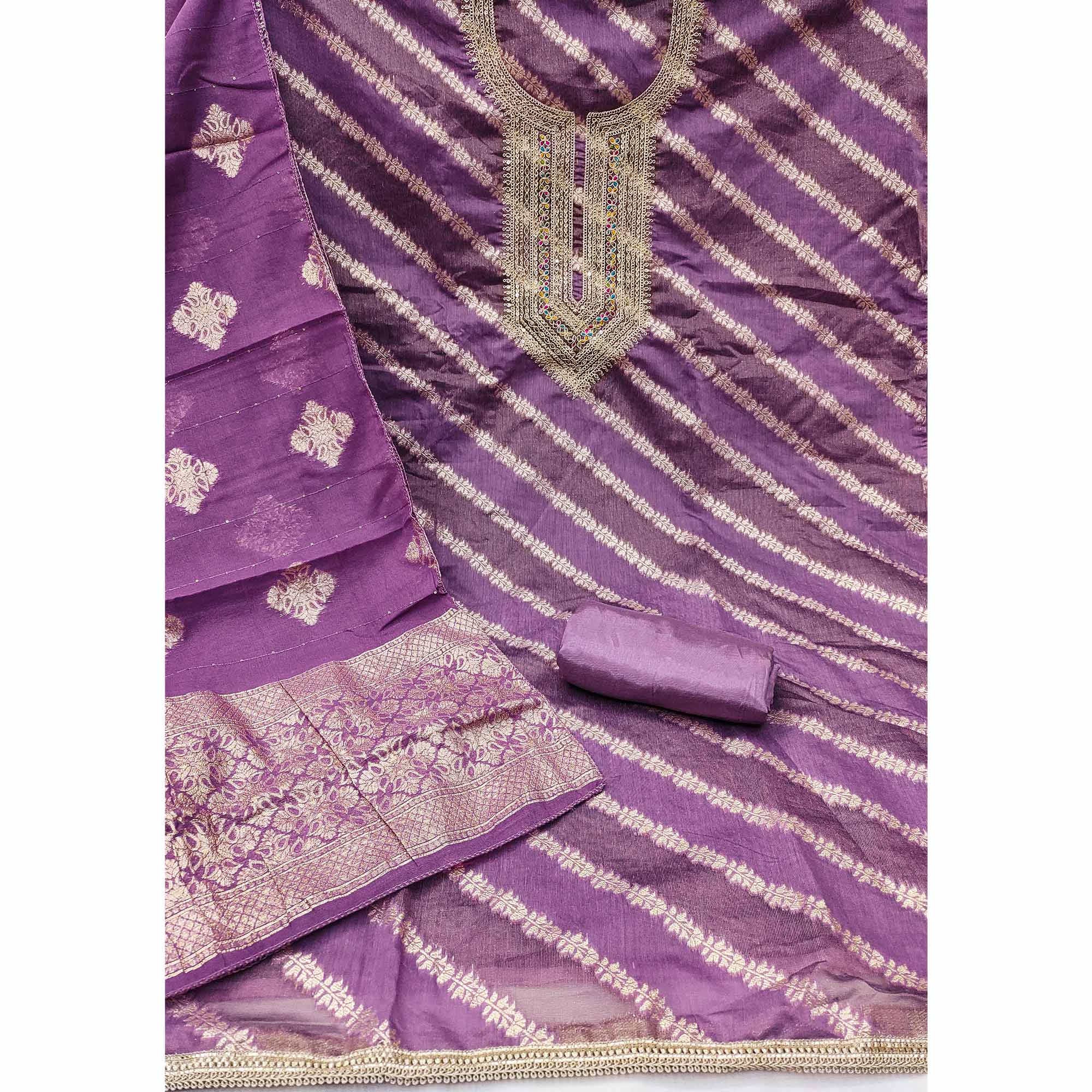 Rich Purple Banarasi Silk Dress Material Featuring Floral Weaving & Neck Cording Embroidery