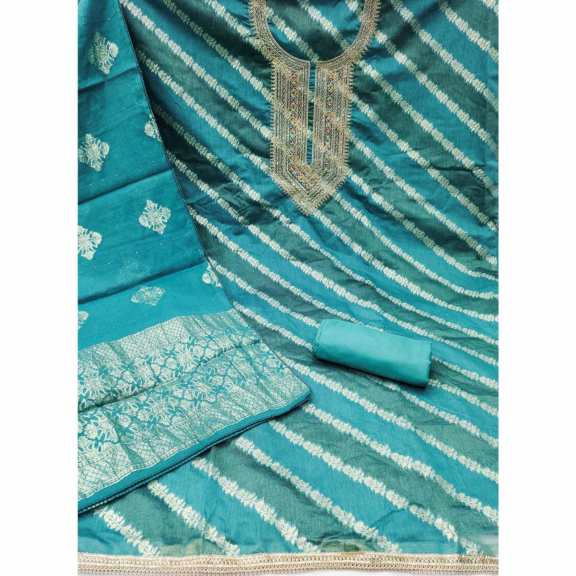 Rich Rama Blue Banarasi Silk Dress Material Featuring Floral Weaving & Neck Cording Embroidery