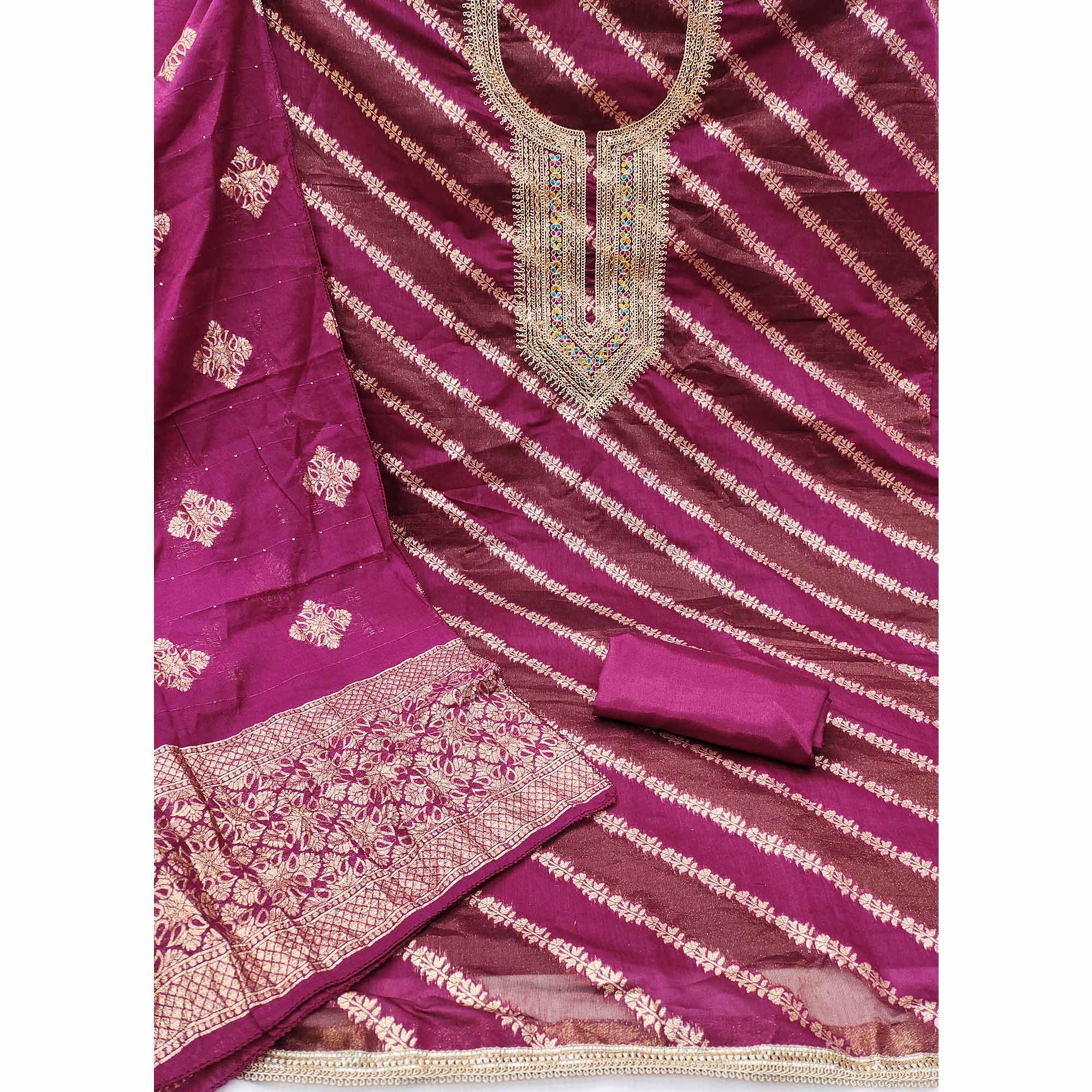Rich Wine Banarasi Silk Dress Material Featuring Floral Weaving & Neck Cording Embroidery