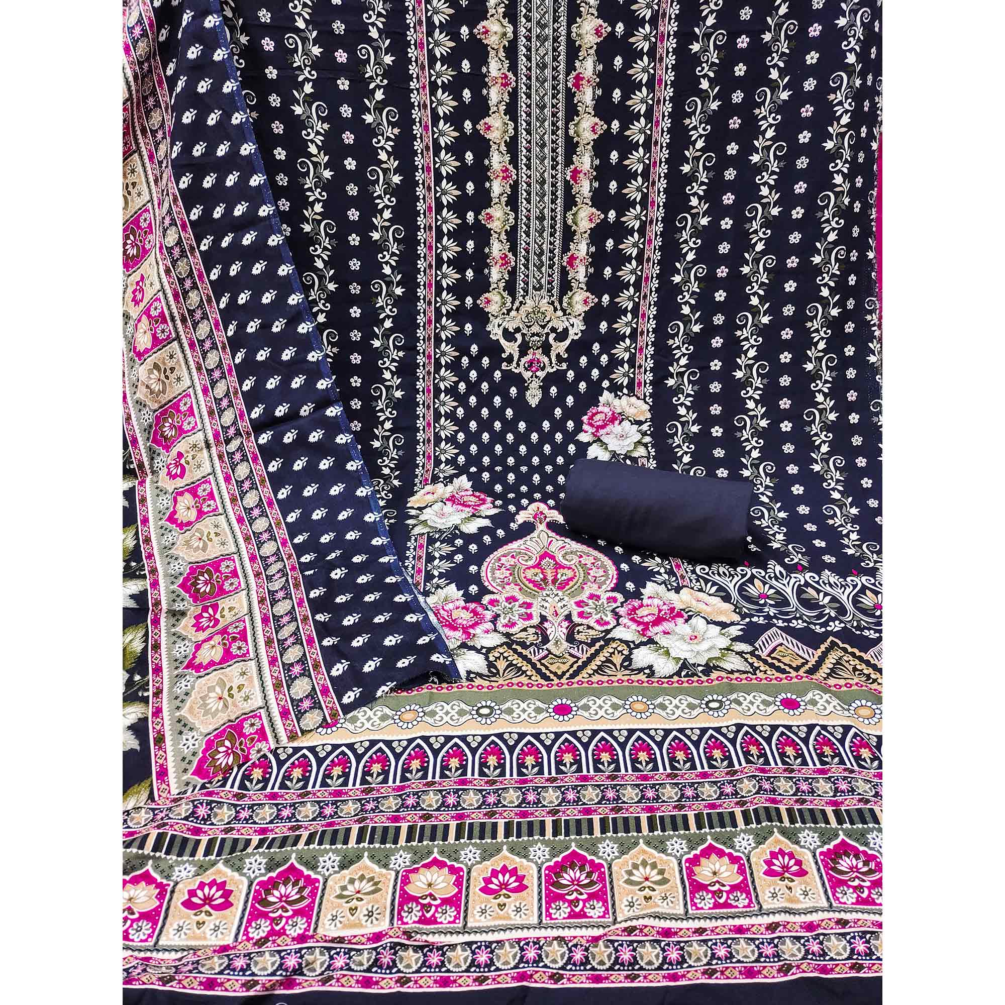 Navy Blue Floral Printed Rayon Dress Material Enhanced With Sparkling Swarovski Work