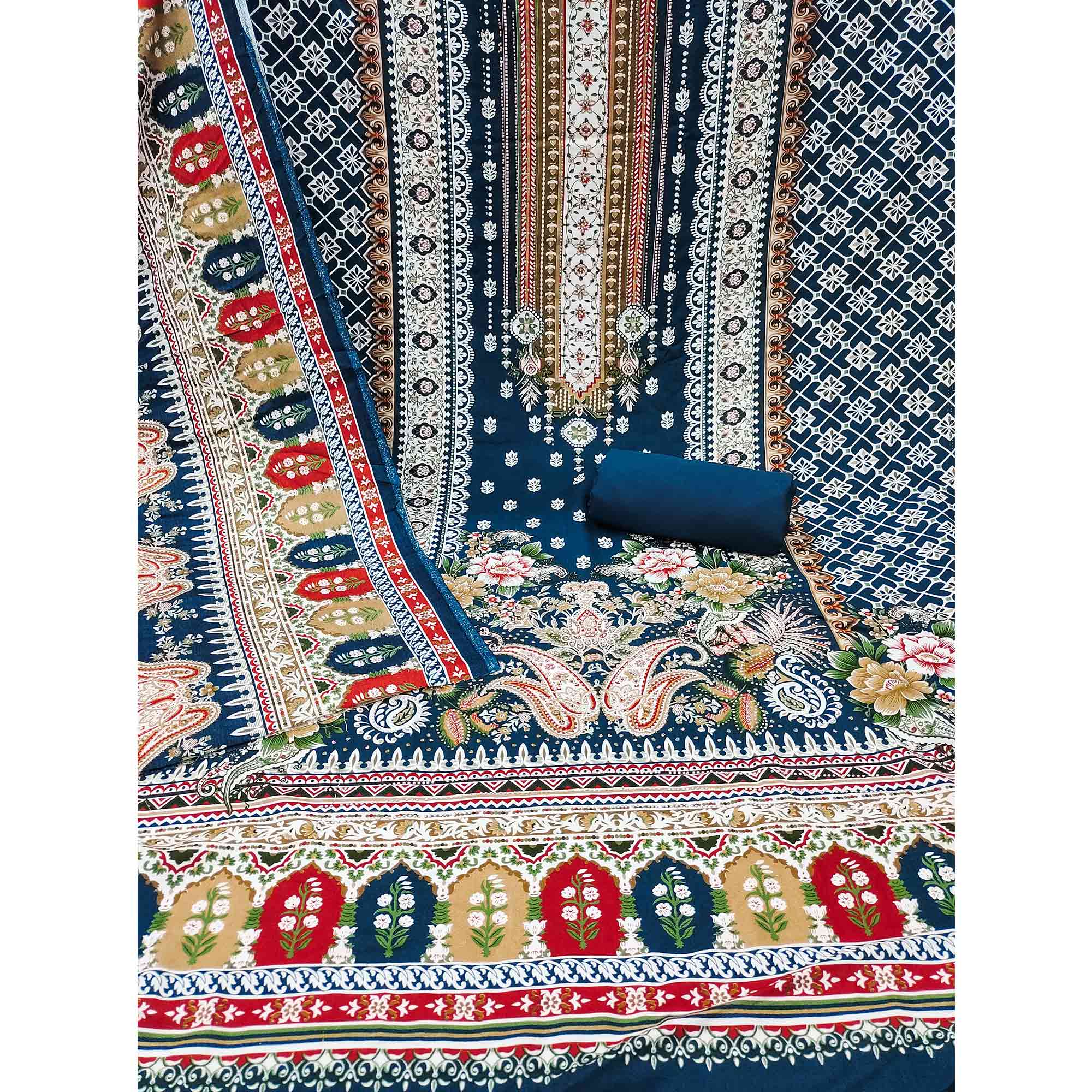 Blue Floral Printed Rayon Dress Material Accented With Premium Swarovski Work