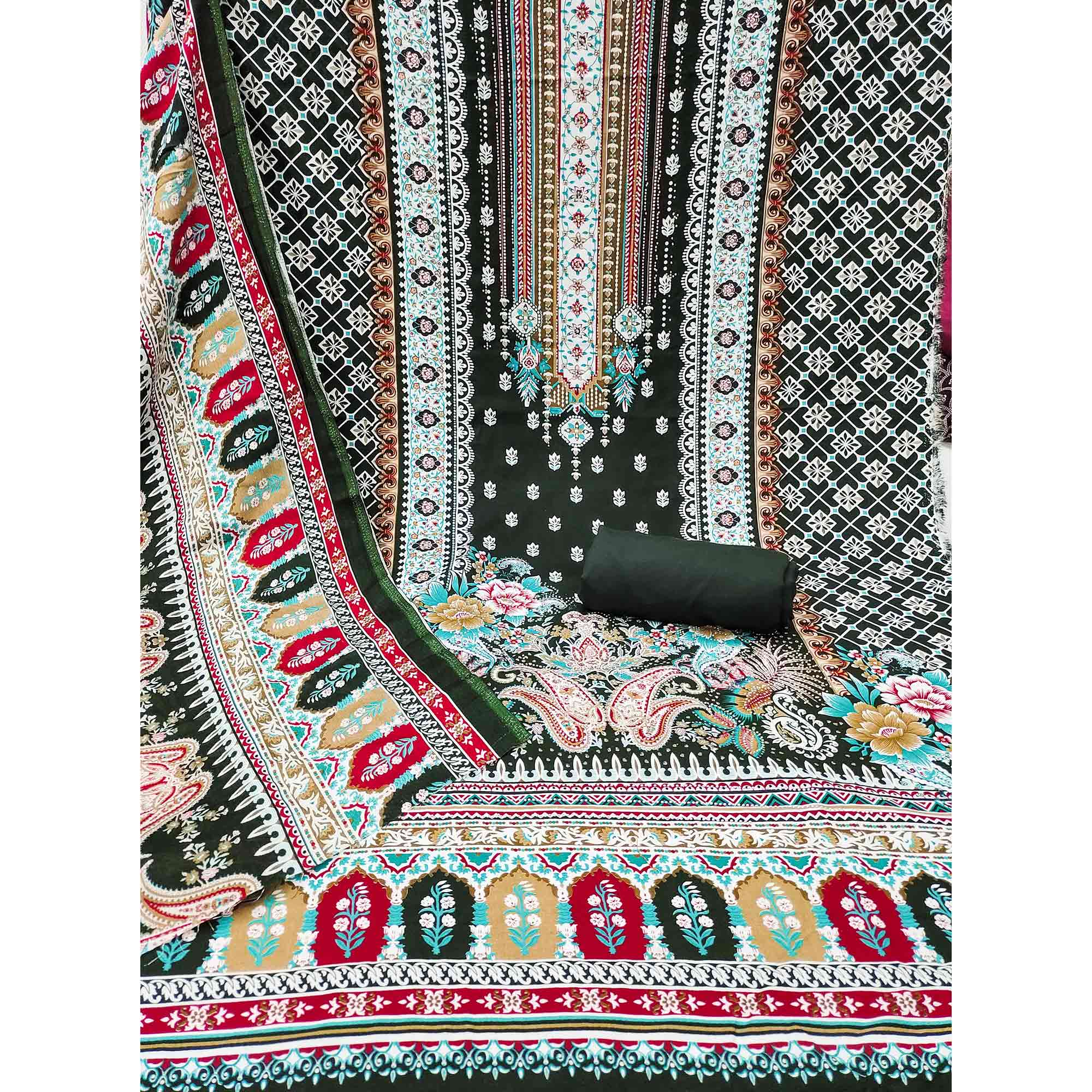 Green Floral Printed Rayon Dress Material Accented With Premium Swarovski Work