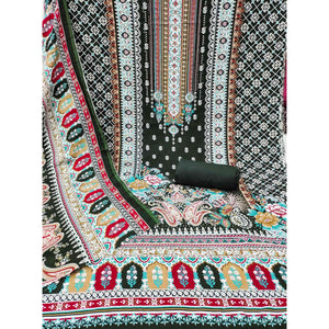 Green Floral Printed Rayon Dress Material Accented With Premium Swarovski Work