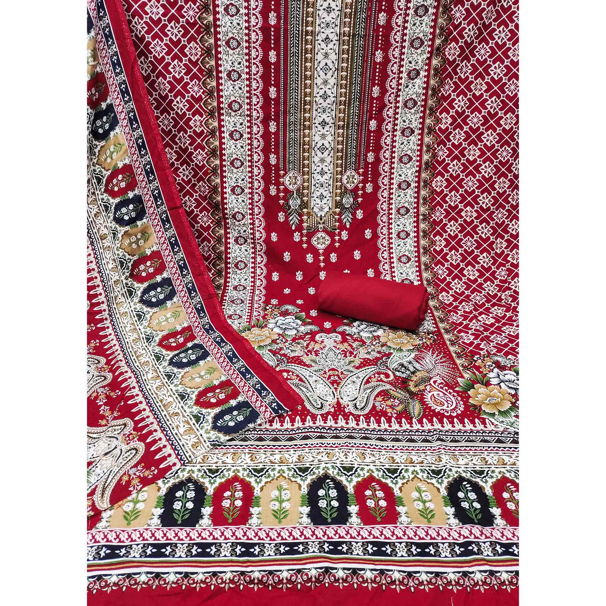 Red Floral Printed Rayon Dress Material Accented With Premium Swarovski Work