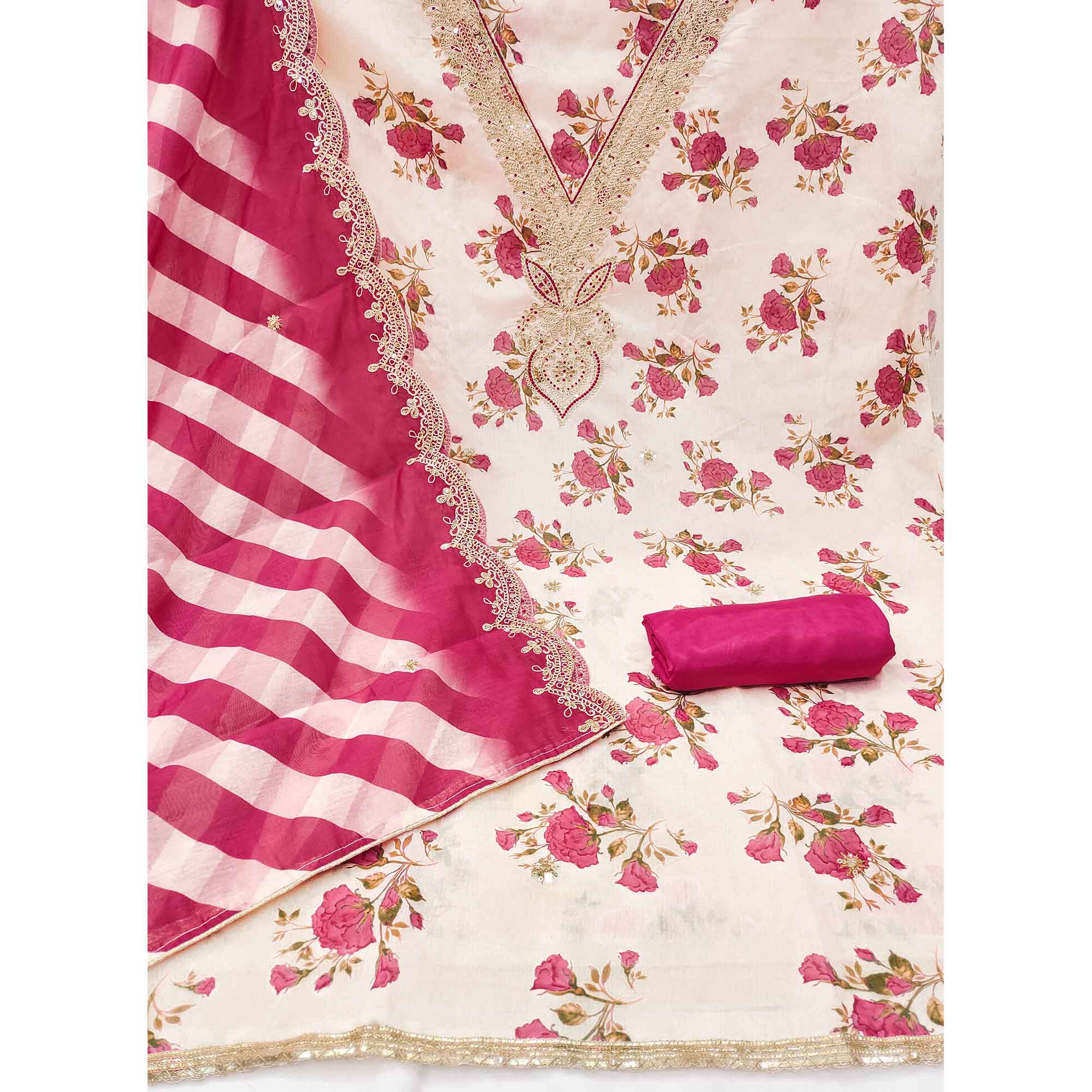 Elegant Cream & Pink Digital Floral Print Modal Chanderi Silk Dress Material With Cording Embroidery
