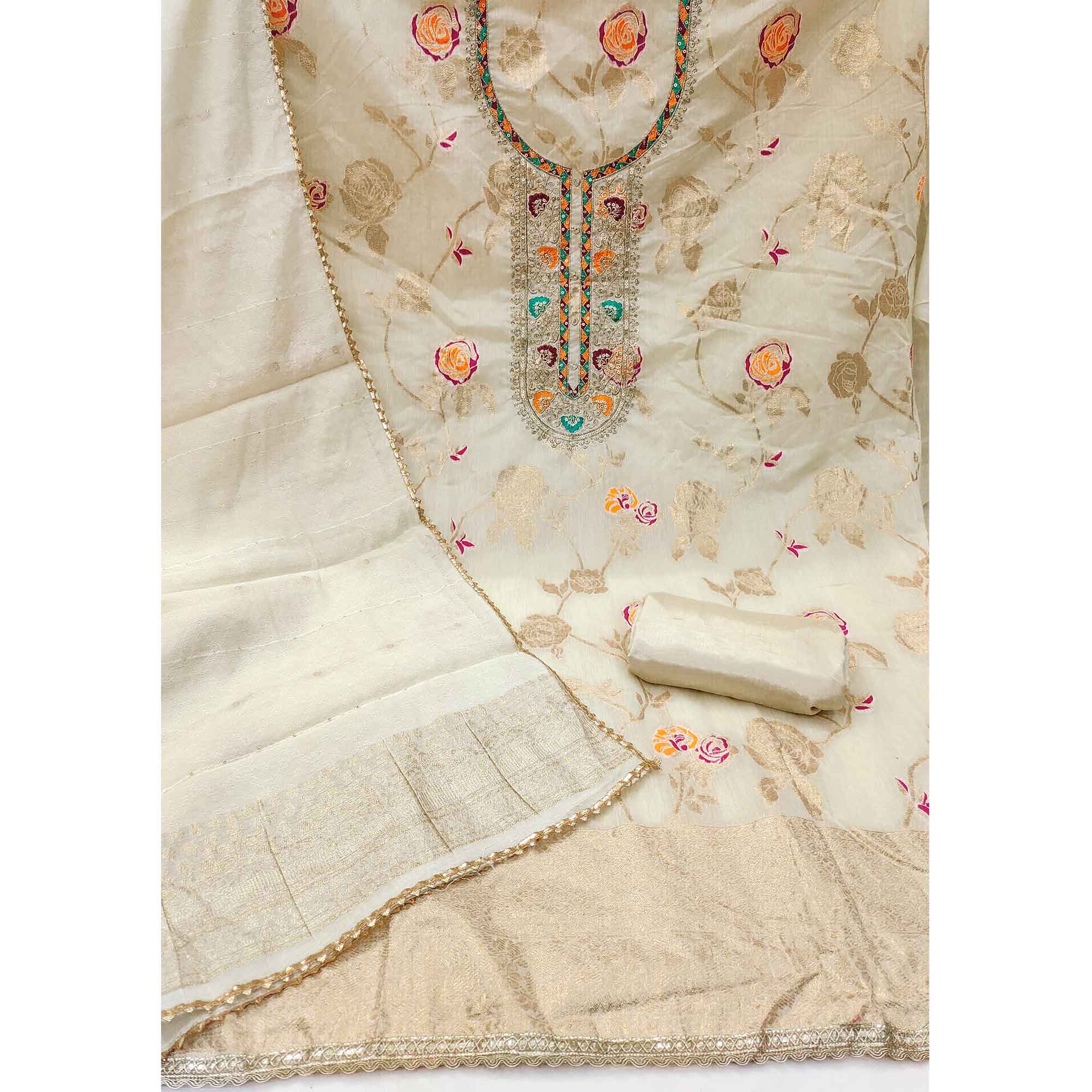 Graceful Cream Floral Weaving Modal Chanderi Silk Dress Material With Cording Neck Embroidery Work
