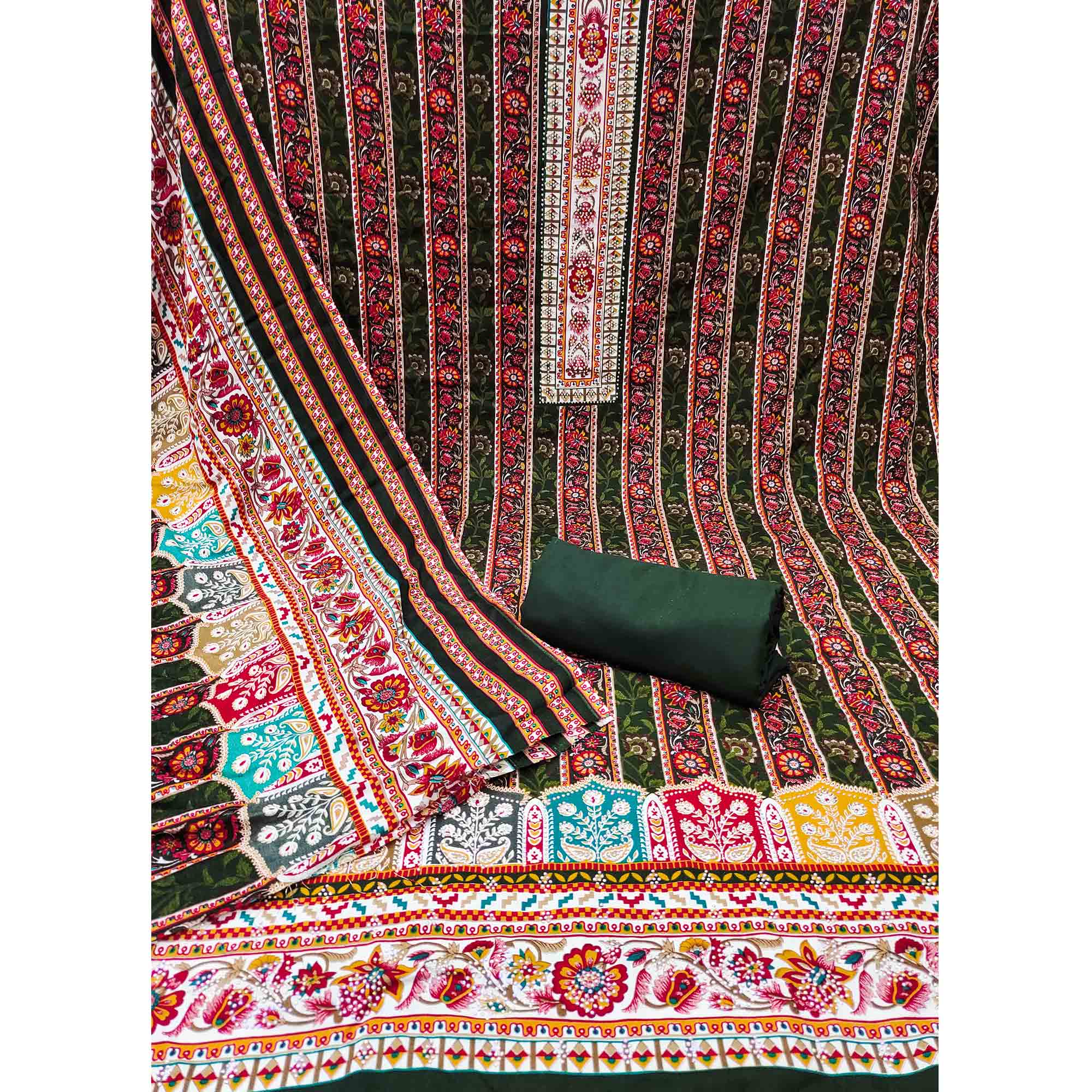 Charming Mehendi Green Floral Rayon Dress Material Enhanced With Premium Swarovski Embellishment