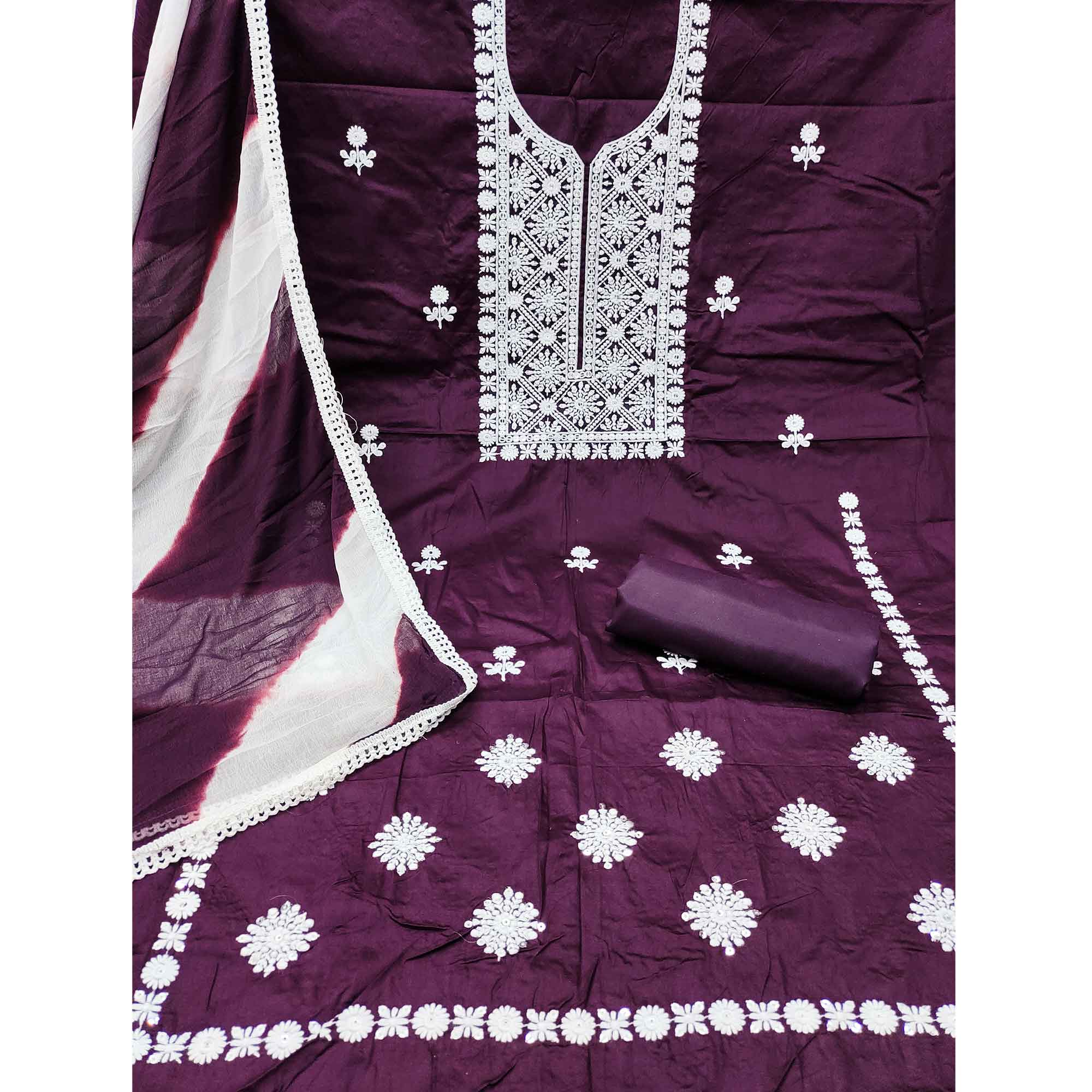 Designer Wine Pure Cotton Dress Material Showcasing Floral Thread Embroidery & Luxe Sequins Work