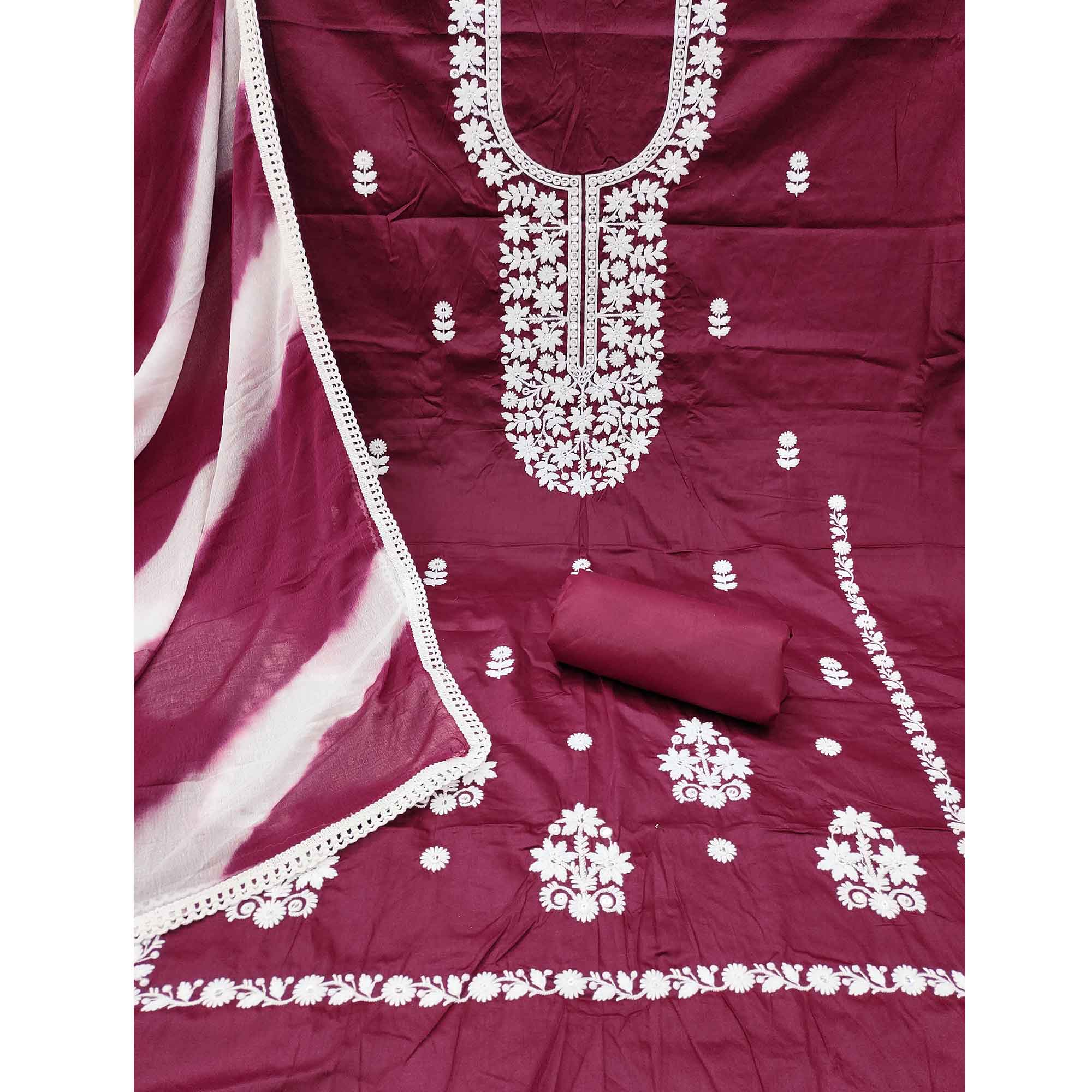 Designer Maroon Pure Cotton Dress Material Showcasing Floral Thread Embroidery & Luxe Sequins Work