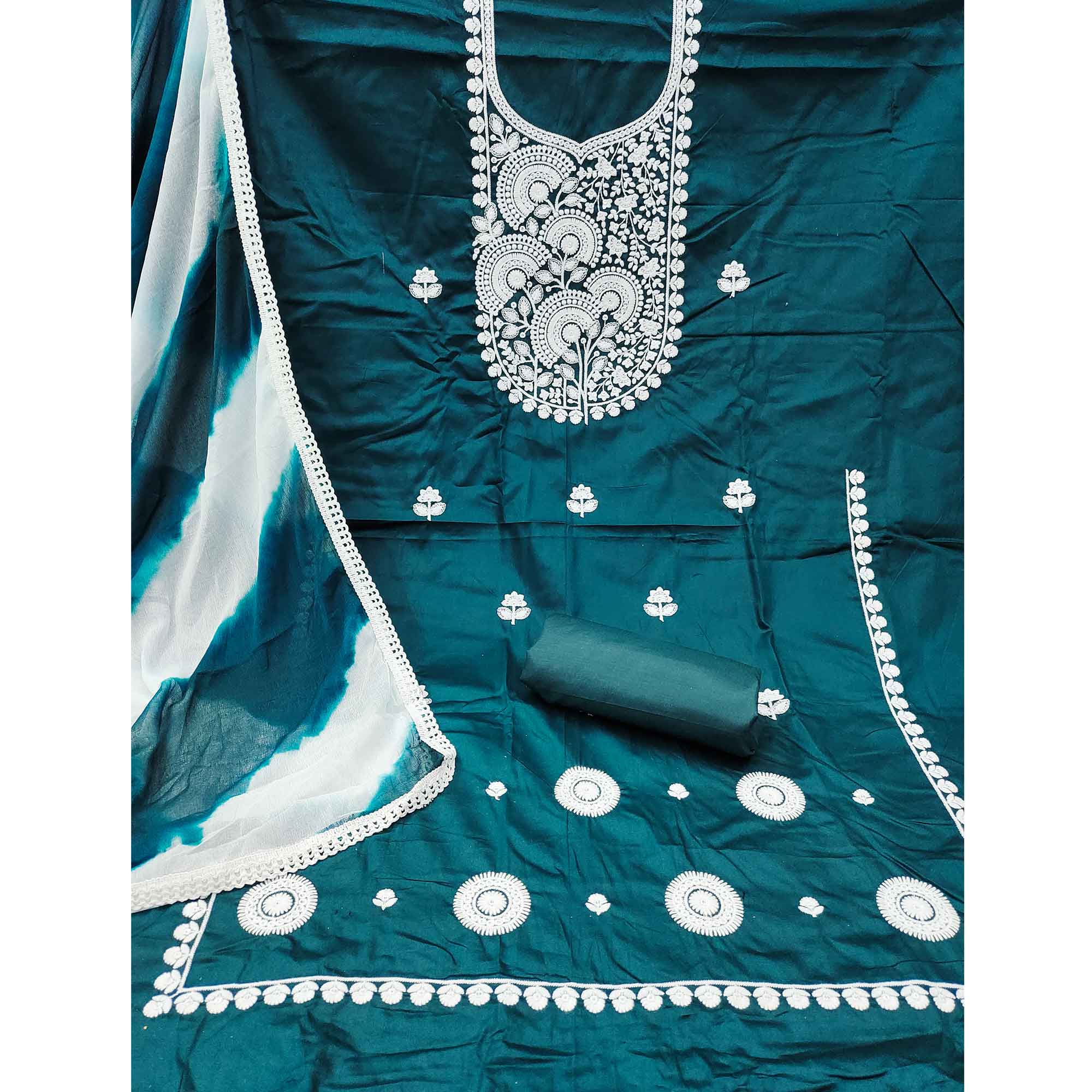 Designer Teal Pure Cotton Dress Material Showcasing Floral Thread Embroidery & Luxe Sequins Work