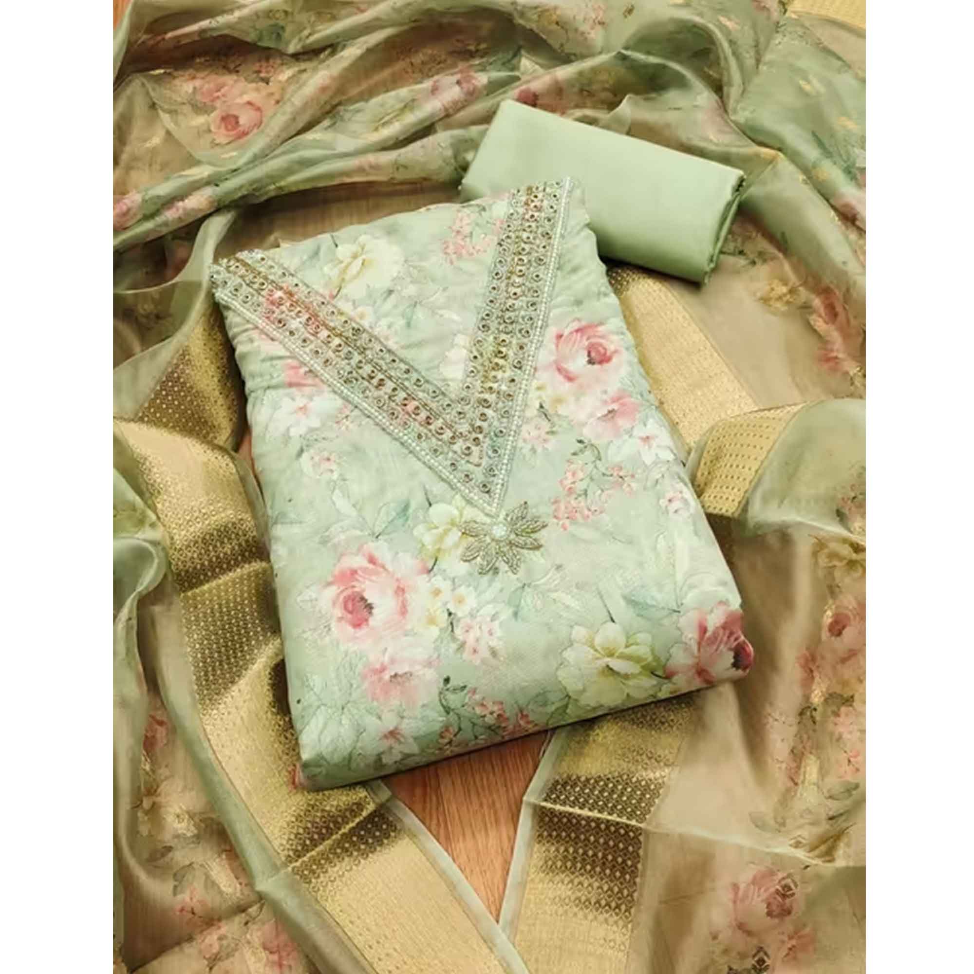 Charming Green Floral Digital Printed Chanderi Silk Dress Material Adorned With Moti Khatli Work