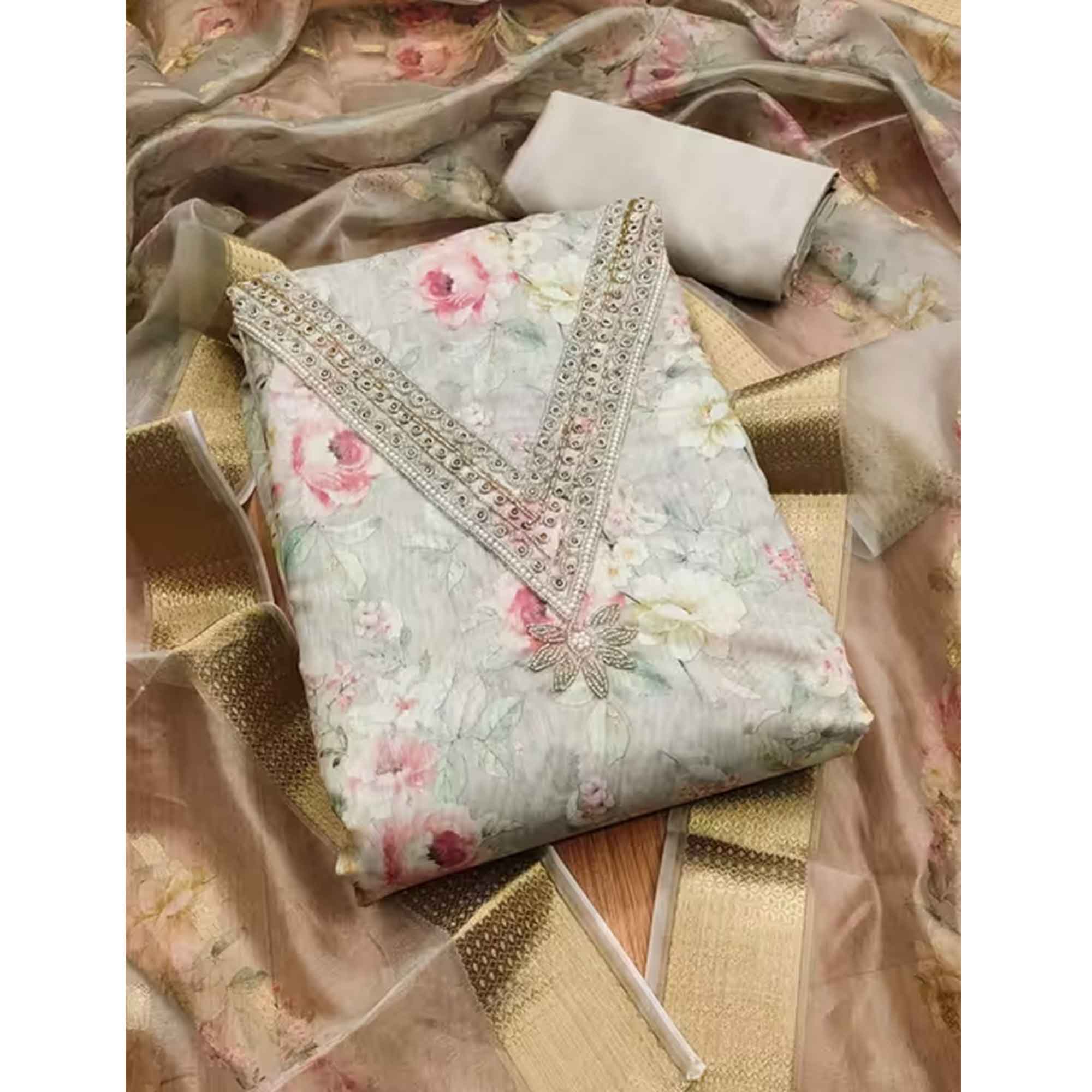 Charming Grey Floral Digital Printed Chanderi Silk Dress Material Adorned With Moti Khatli Work