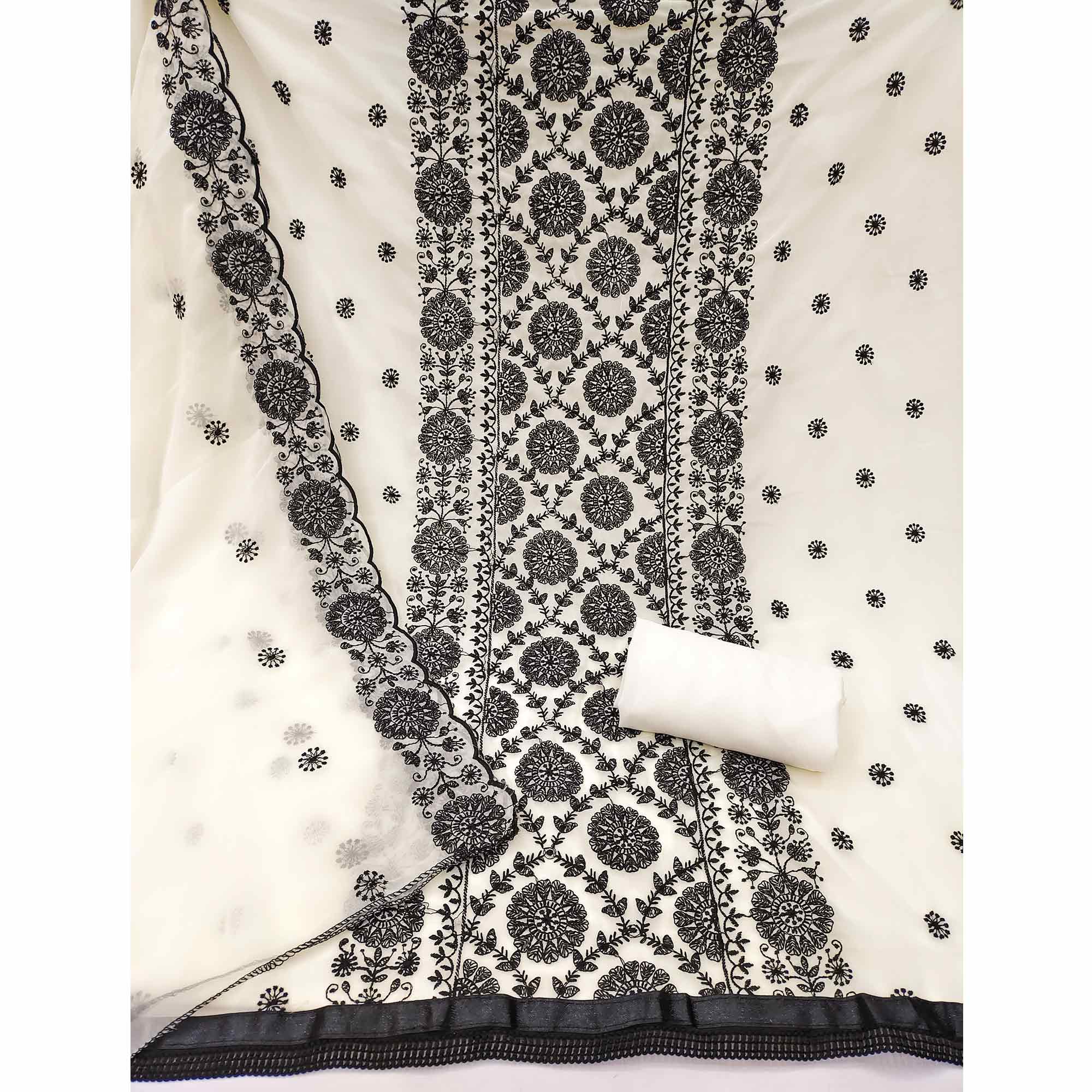 Classic Cream Floral Thread Embroidered Georgette Dress Material With Timeless Appeal