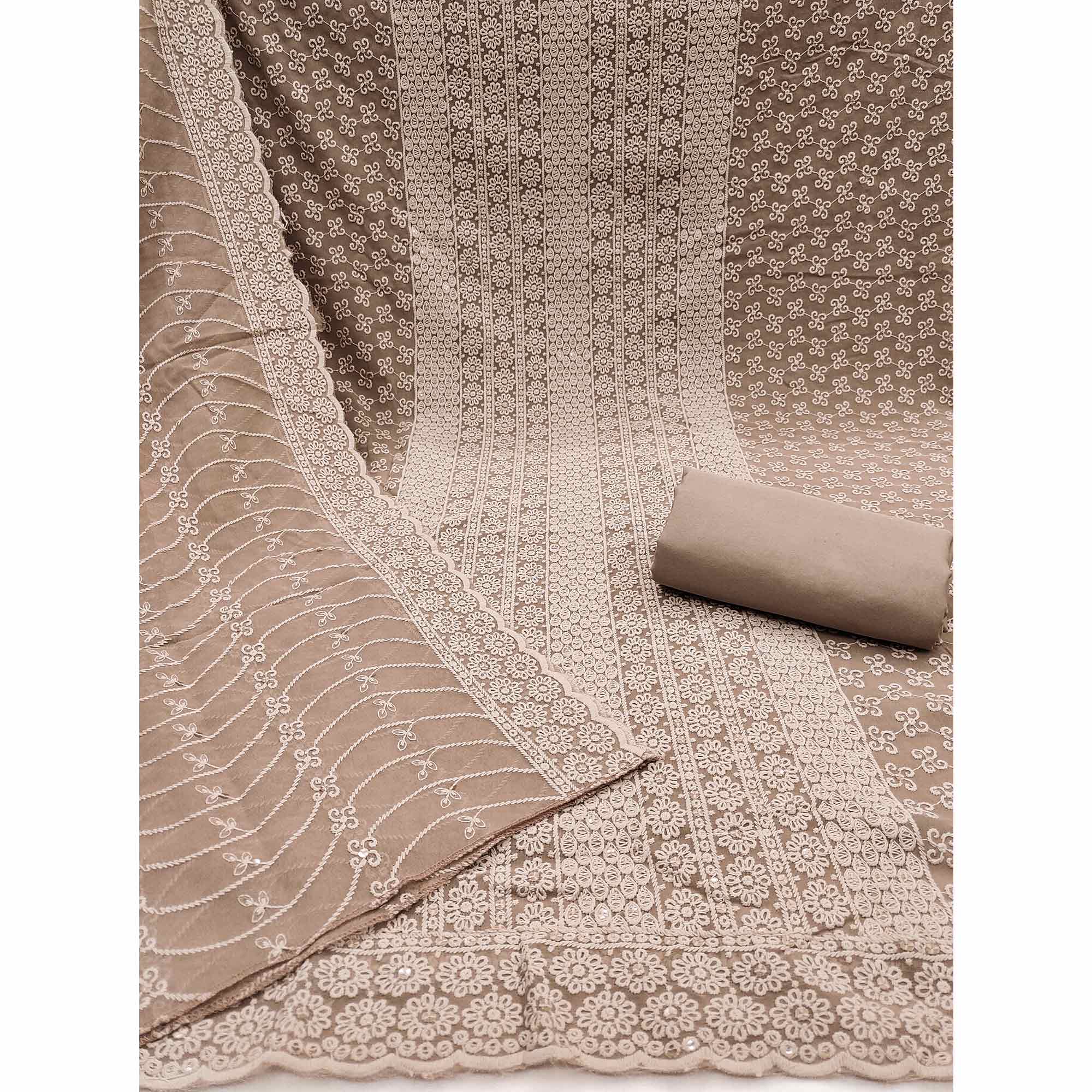 Elegant Brown Floral Thread Embroidered With Sequins Work Georgette Dress Material