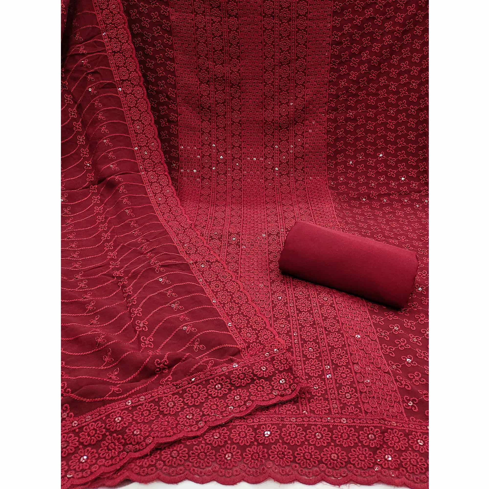 Elegant Maroon Floral Thread Embroidered With Sequins Work Georgette Dress Material