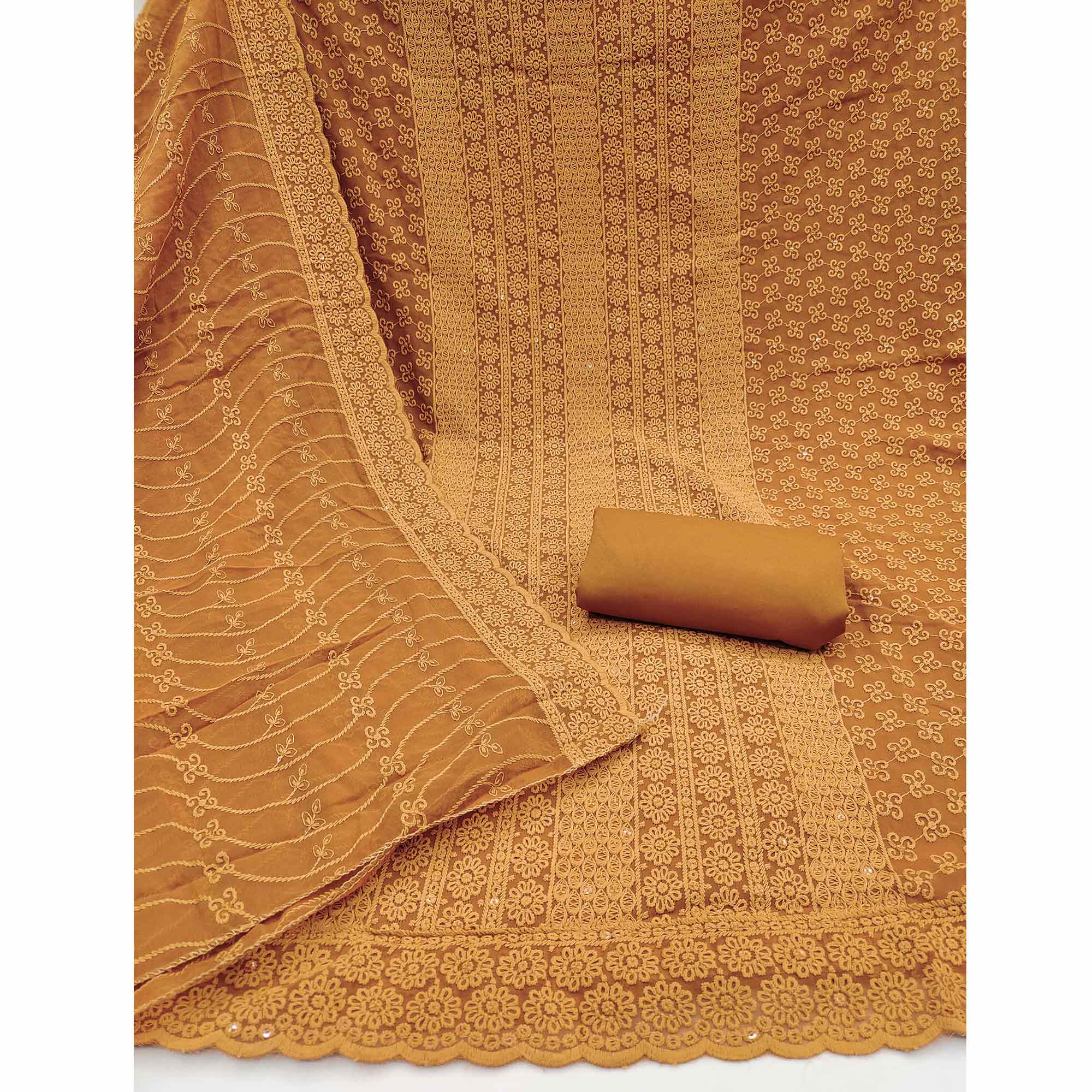 Elegant Mustard Floral Thread Embroidered With Sequins Work Georgette Dress Material