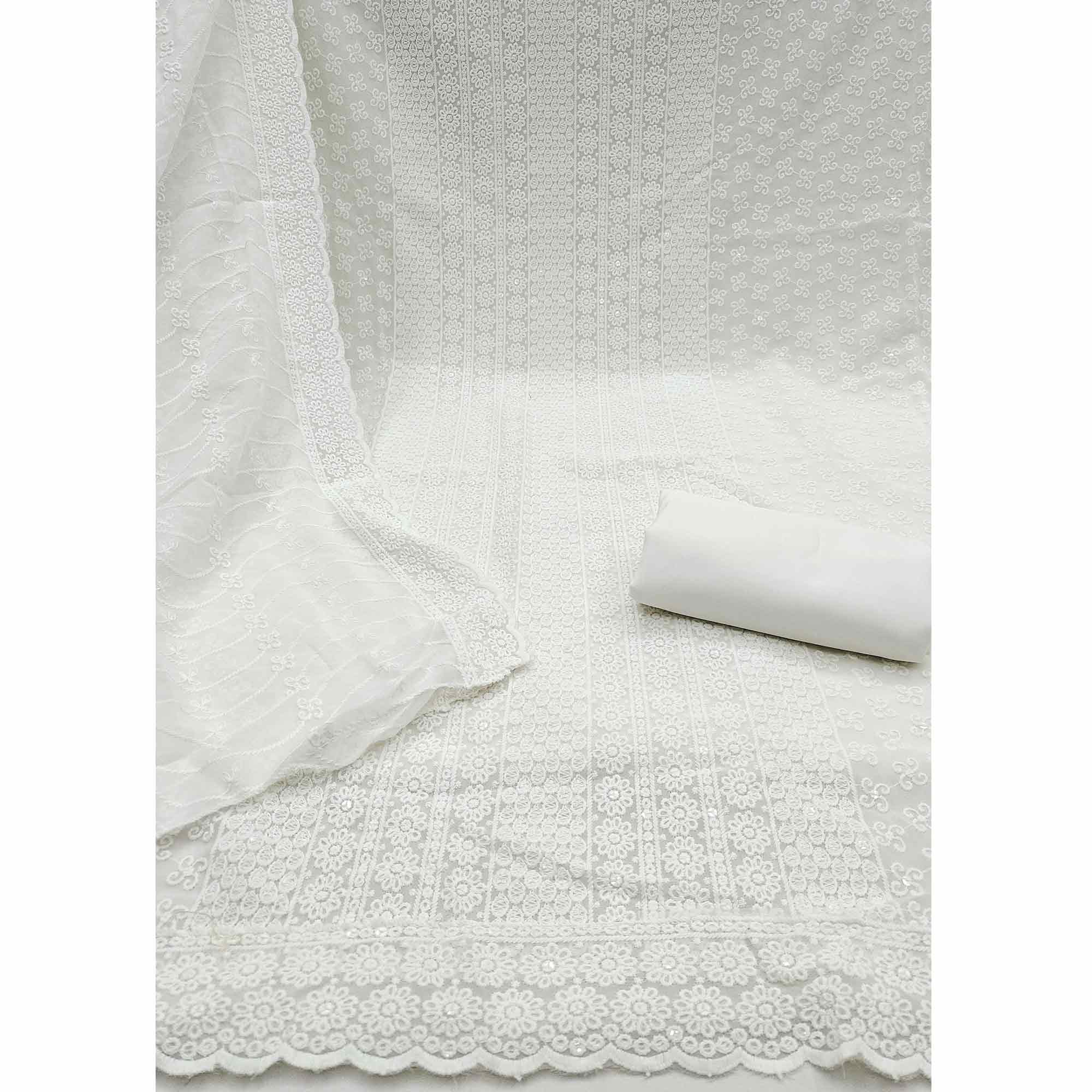 Elegant White Floral Thread Embroidered With Sequins Work Georgette Dress Material