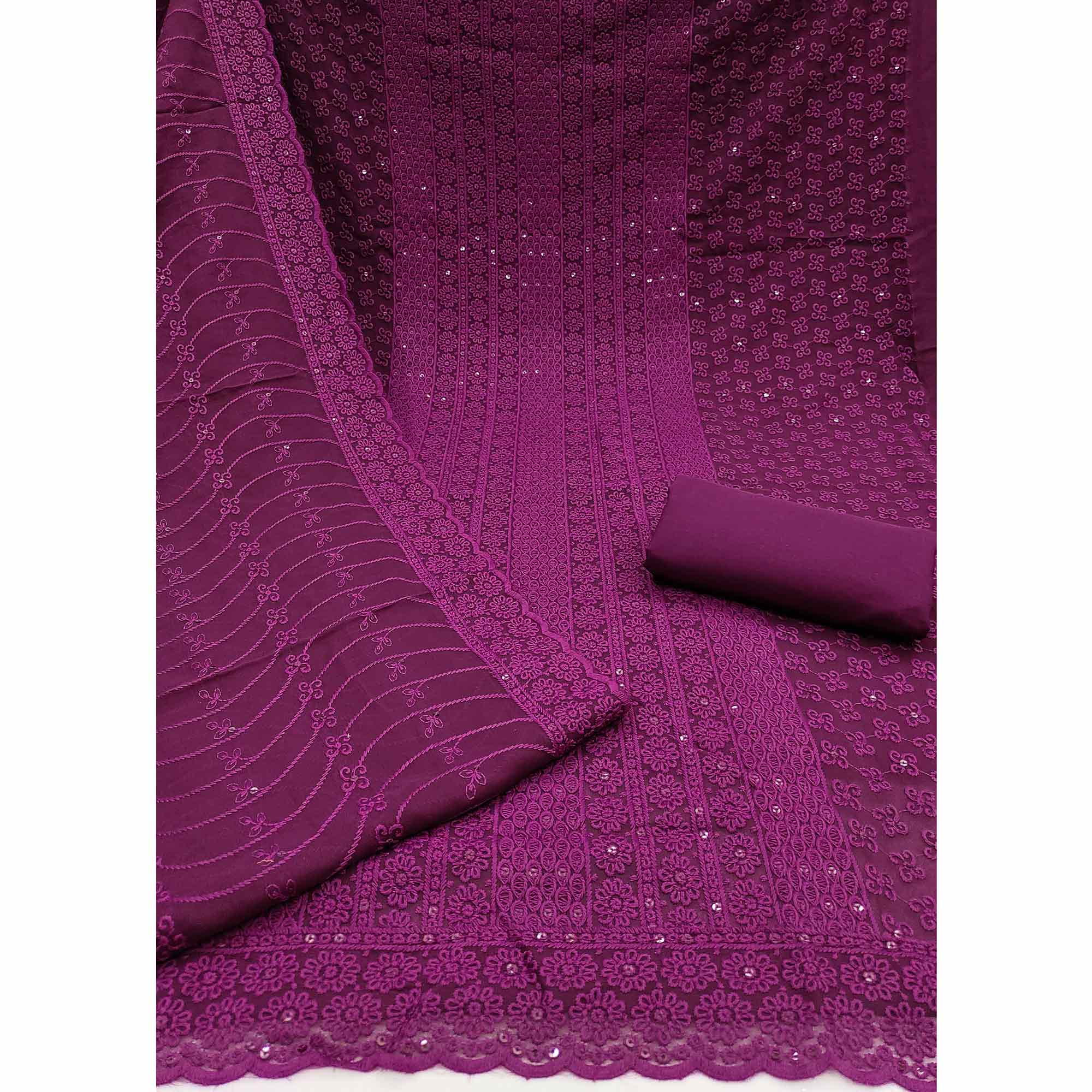 Elegant Wine Floral Thread Embroidered With Sequins Work Georgette Dress Material