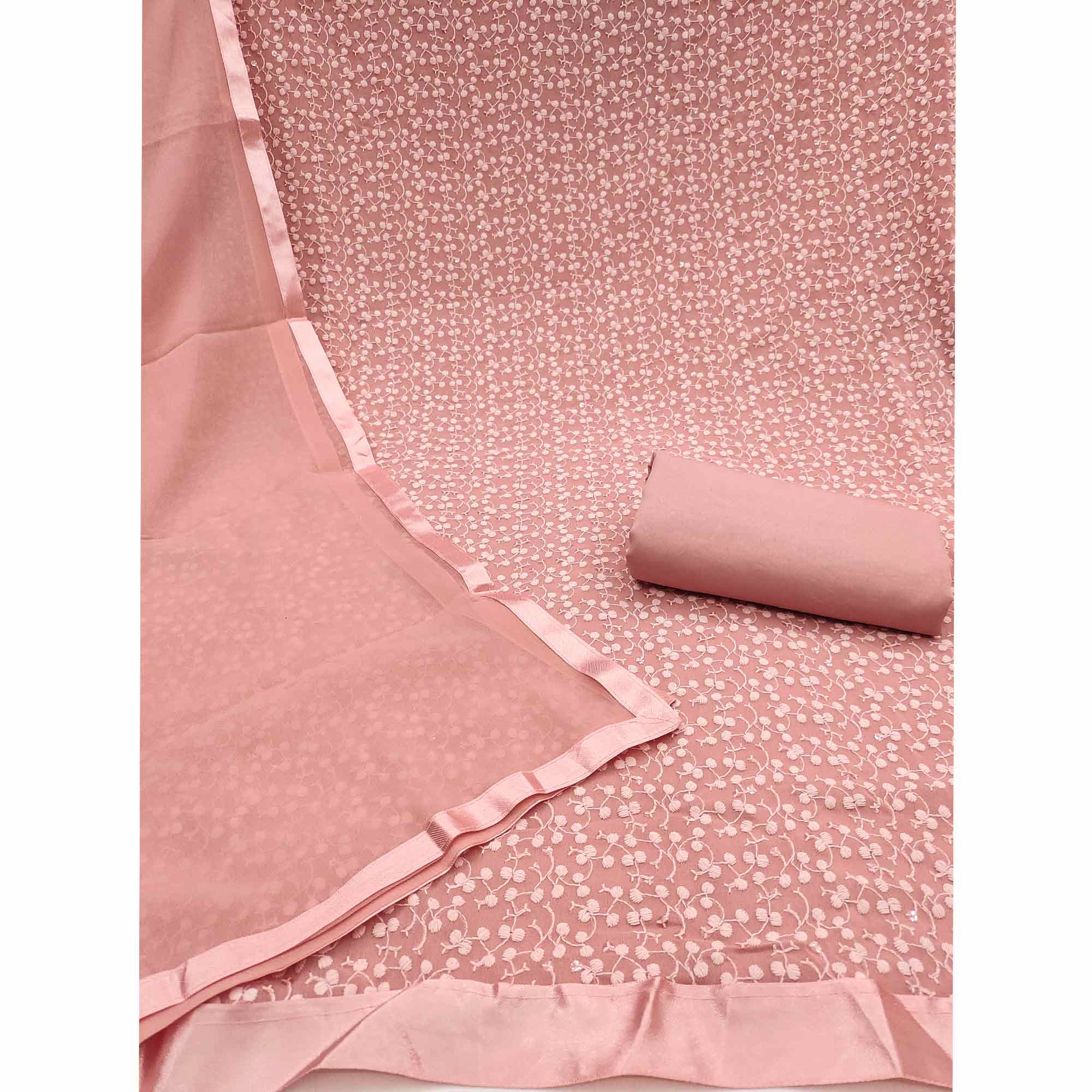 Stylish Dusty Peach Thread Embroidered With Sequin Work Georgette Dress Material For Ethnic Styling