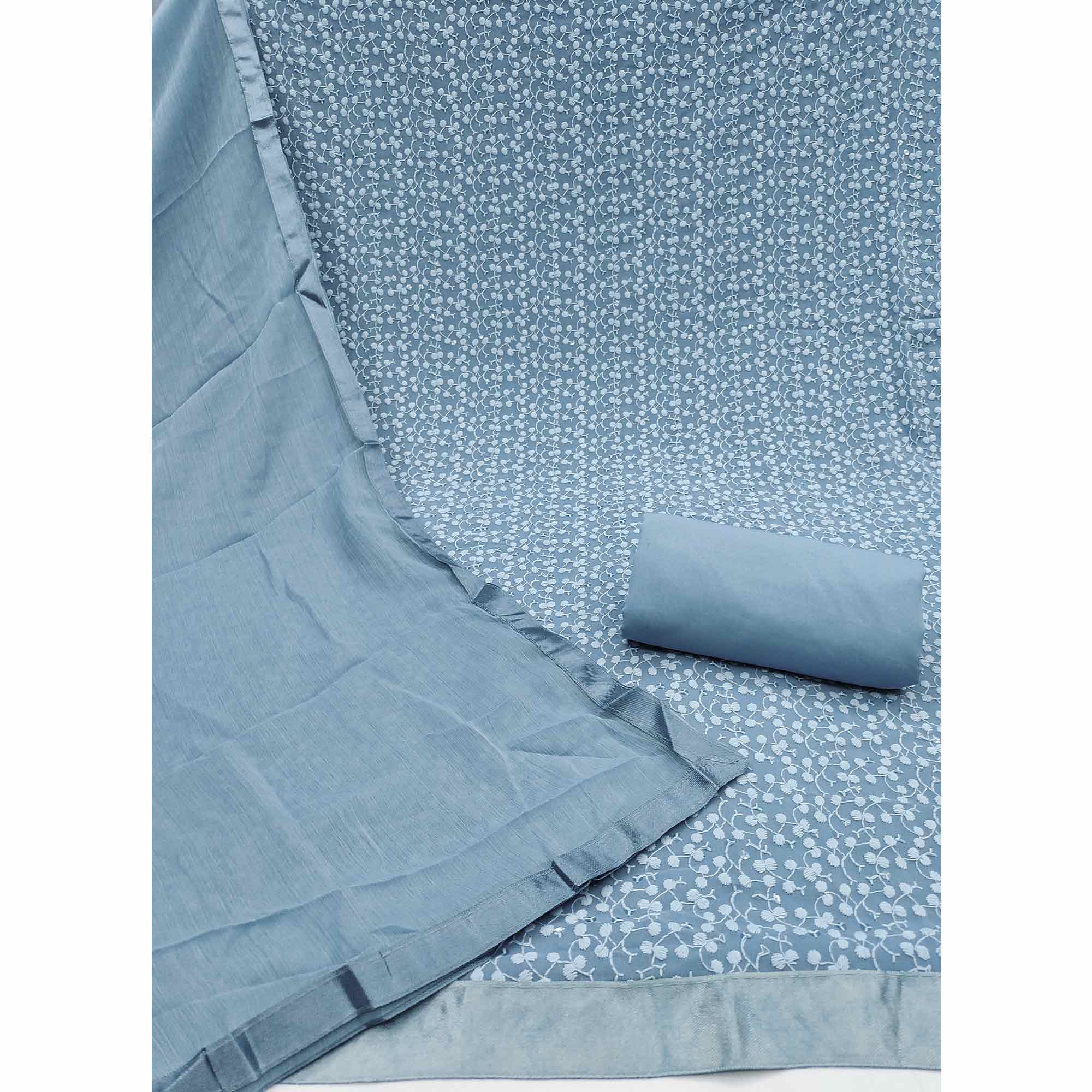 Stylish Grey Thread Embroidered With Sequins Work Georgette Dress Material For Ethnic Styling