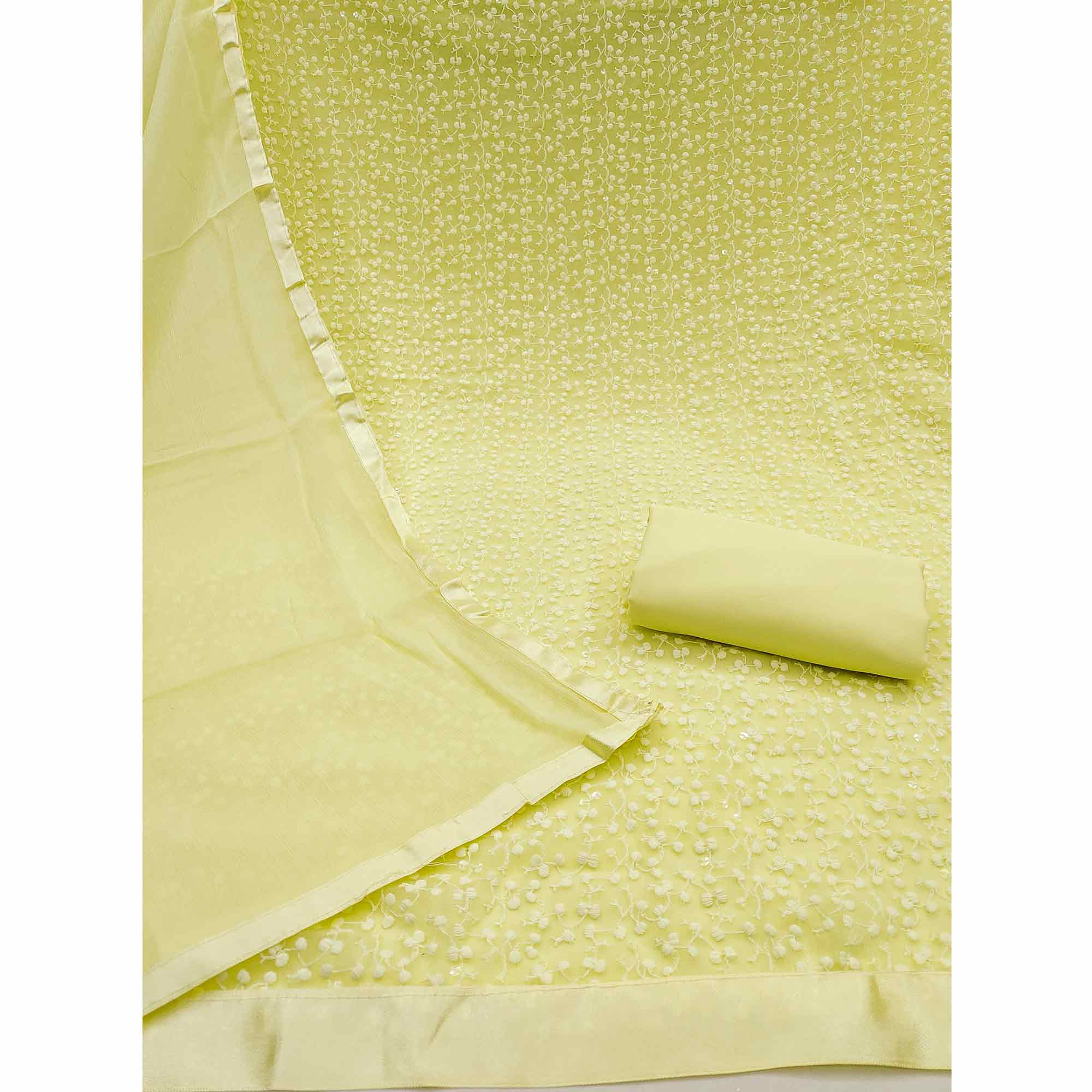 Stylish Lemon Yellow Thread Embroidered With Sequin Work Georgette Dress Material For Ethnic Styling
