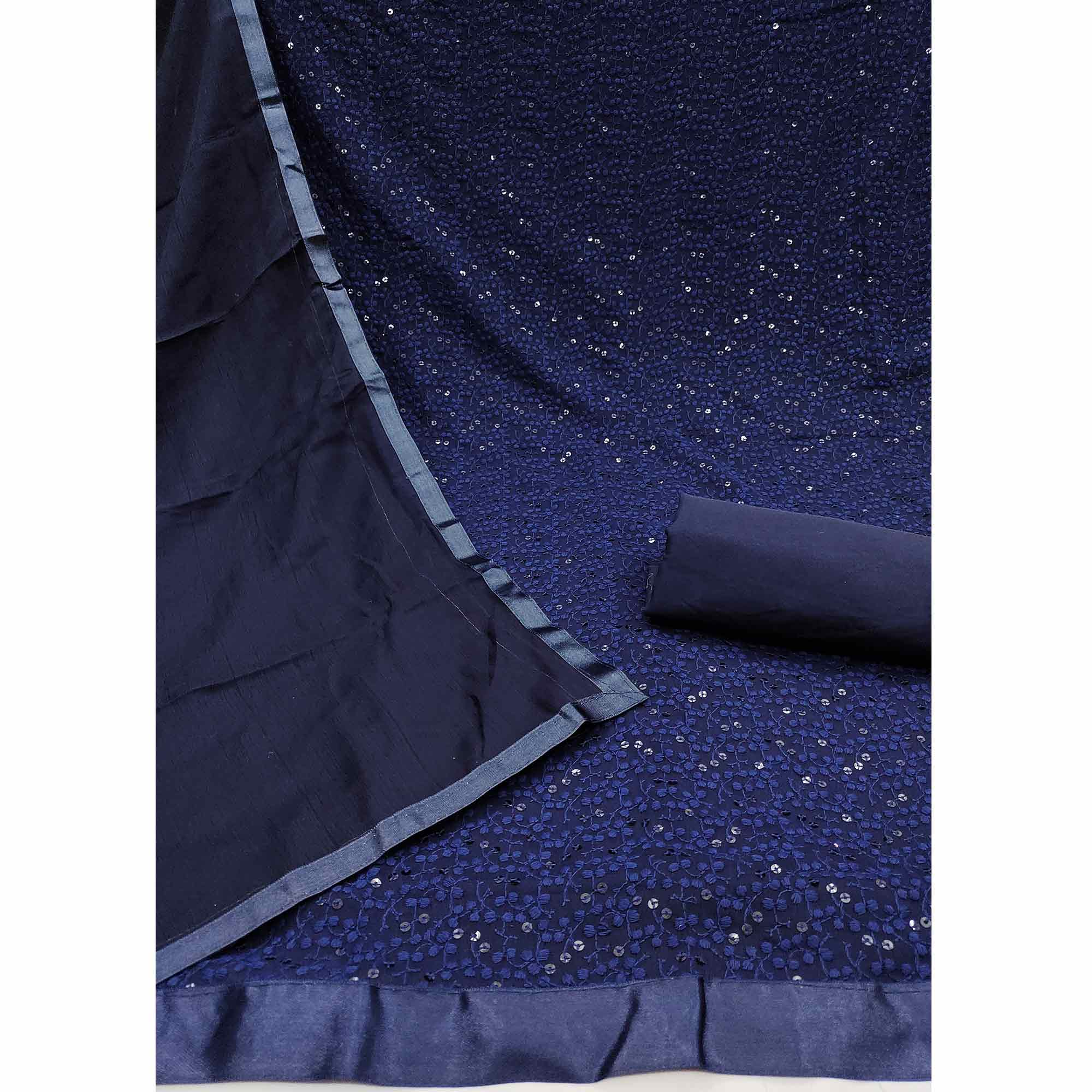 Stylish Navy Blue Thread Embroidered With Sequins Work Georgette Dress Material For Ethnic Styling