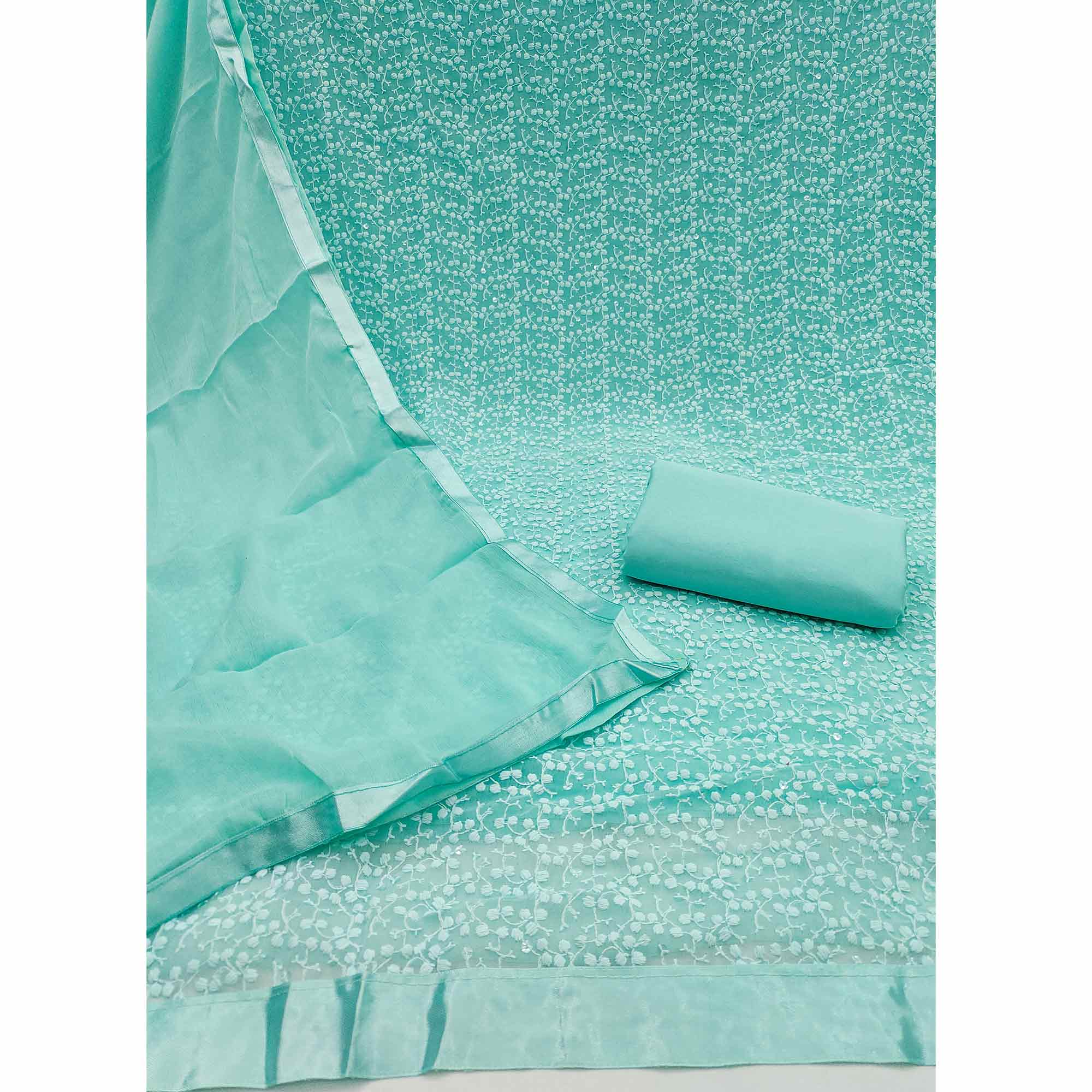 Stylish Turquoise Thread Embroidered With Sequins Work Georgette Dress Material For Ethnic Styling
