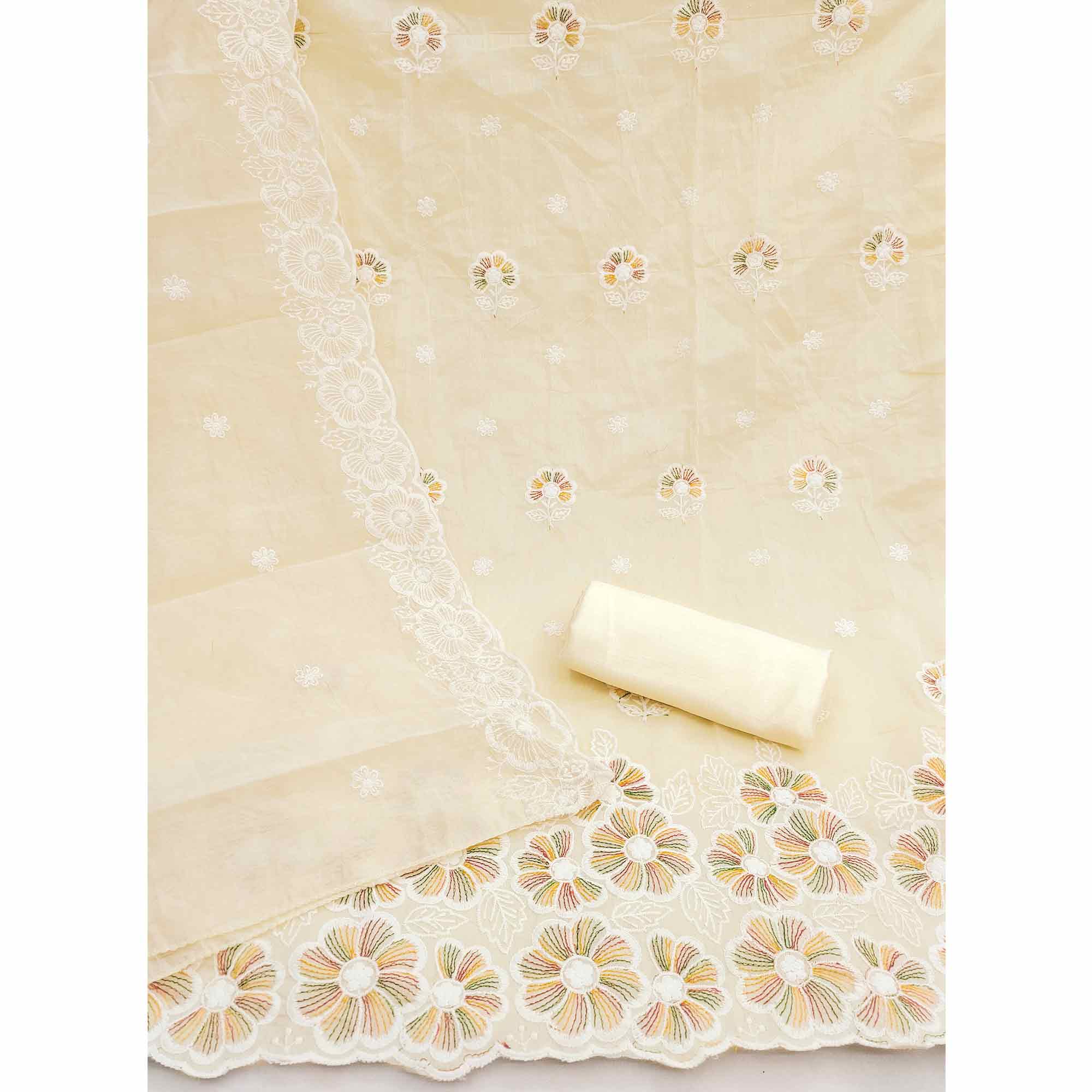 Elegant Cream Floral Thread Embroidered Chanderi Silk Dress Material