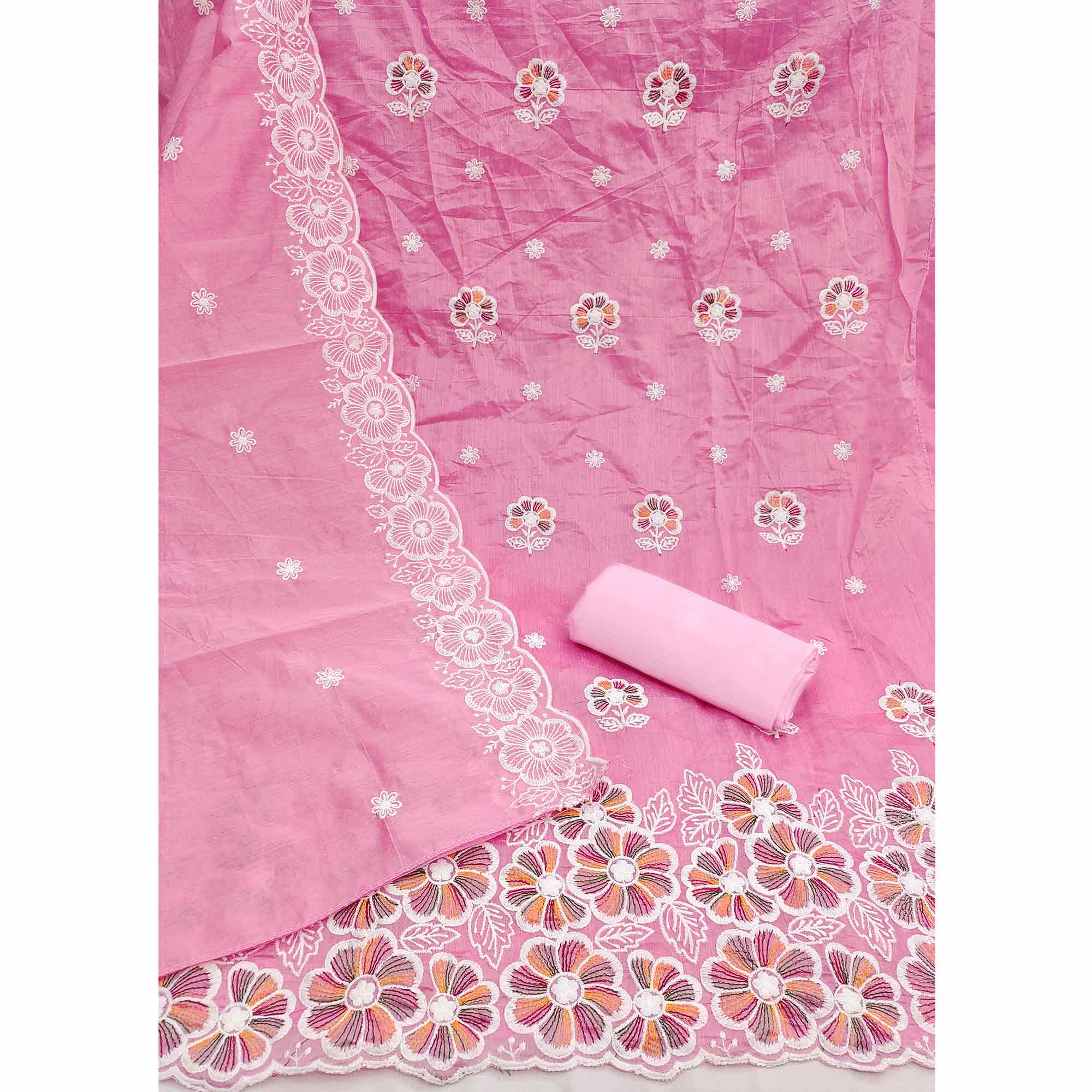 Elegant Pink Floral Thread Embroidered Chanderi Silk Dress Material