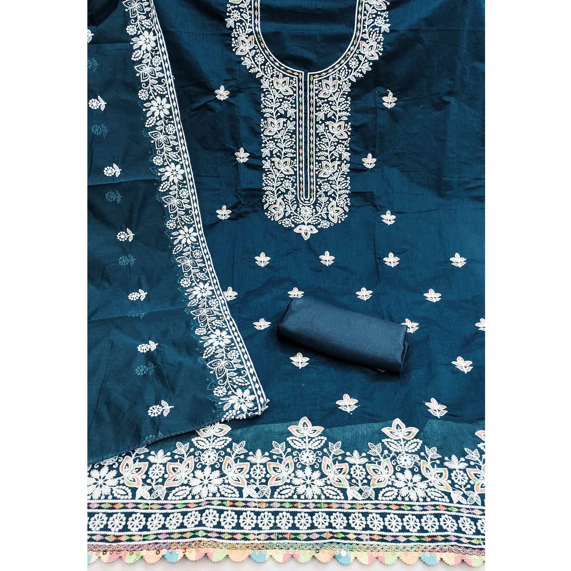 Graceful Blue Floral Thread Embroidery Chanderi Silk Designer Dress Material