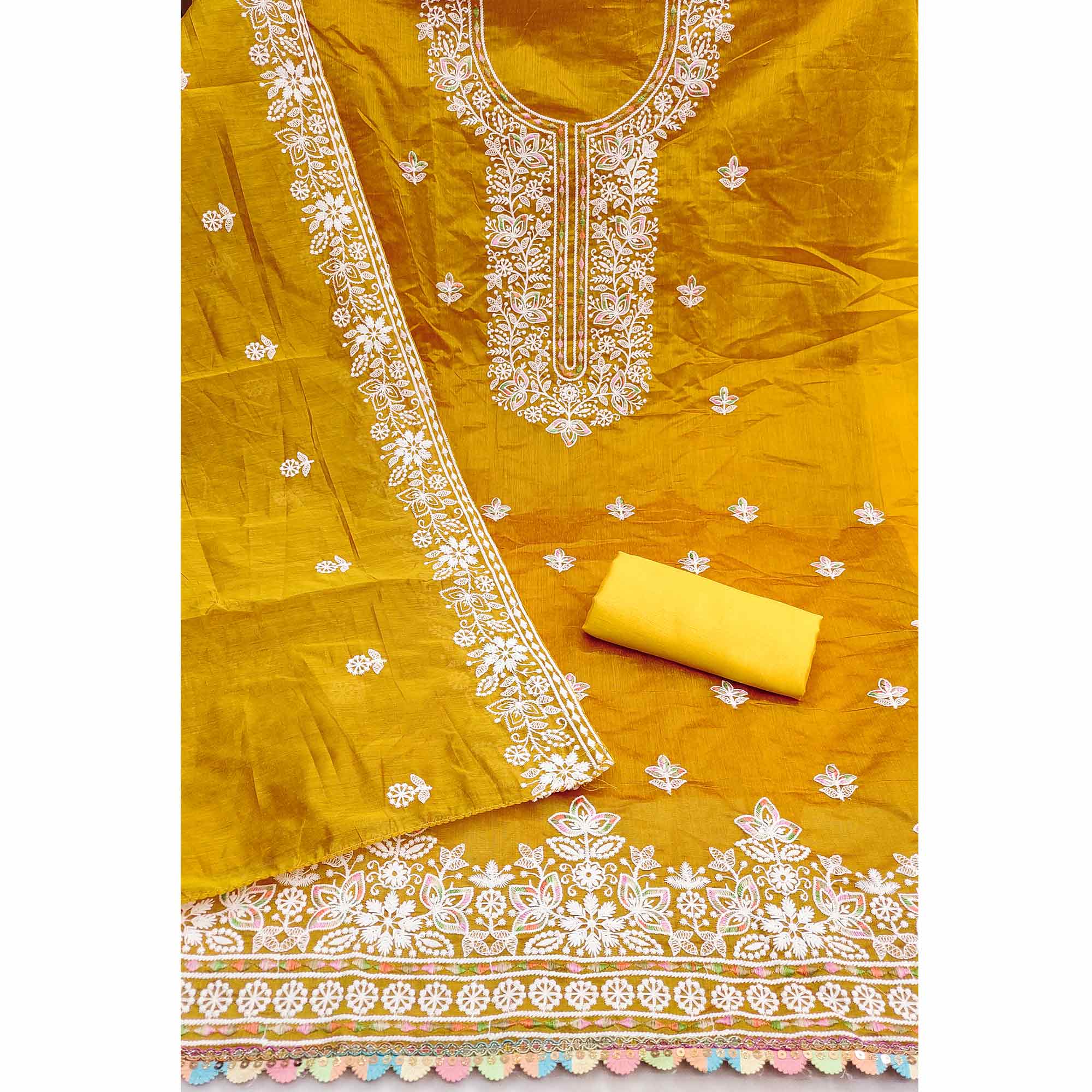 Graceful Mustard Floral Thread Embroidery Chanderi Silk Designer Dress Material