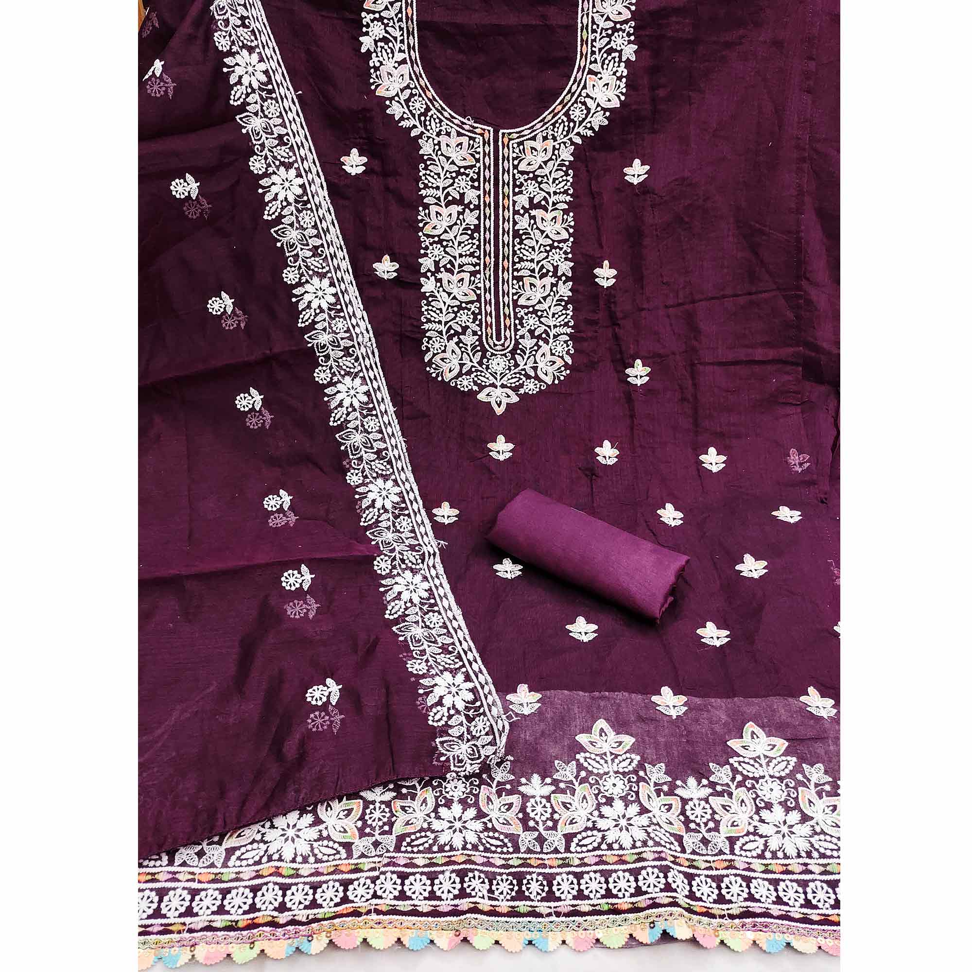 Graceful Wine Floral Thread Embroidery Chanderi Silk Designer Dress Material