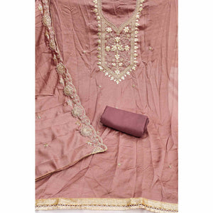 Timeless Dusty Peach Floral Embroidered Vichitra Silk Dress Material With Gota Patti Work
