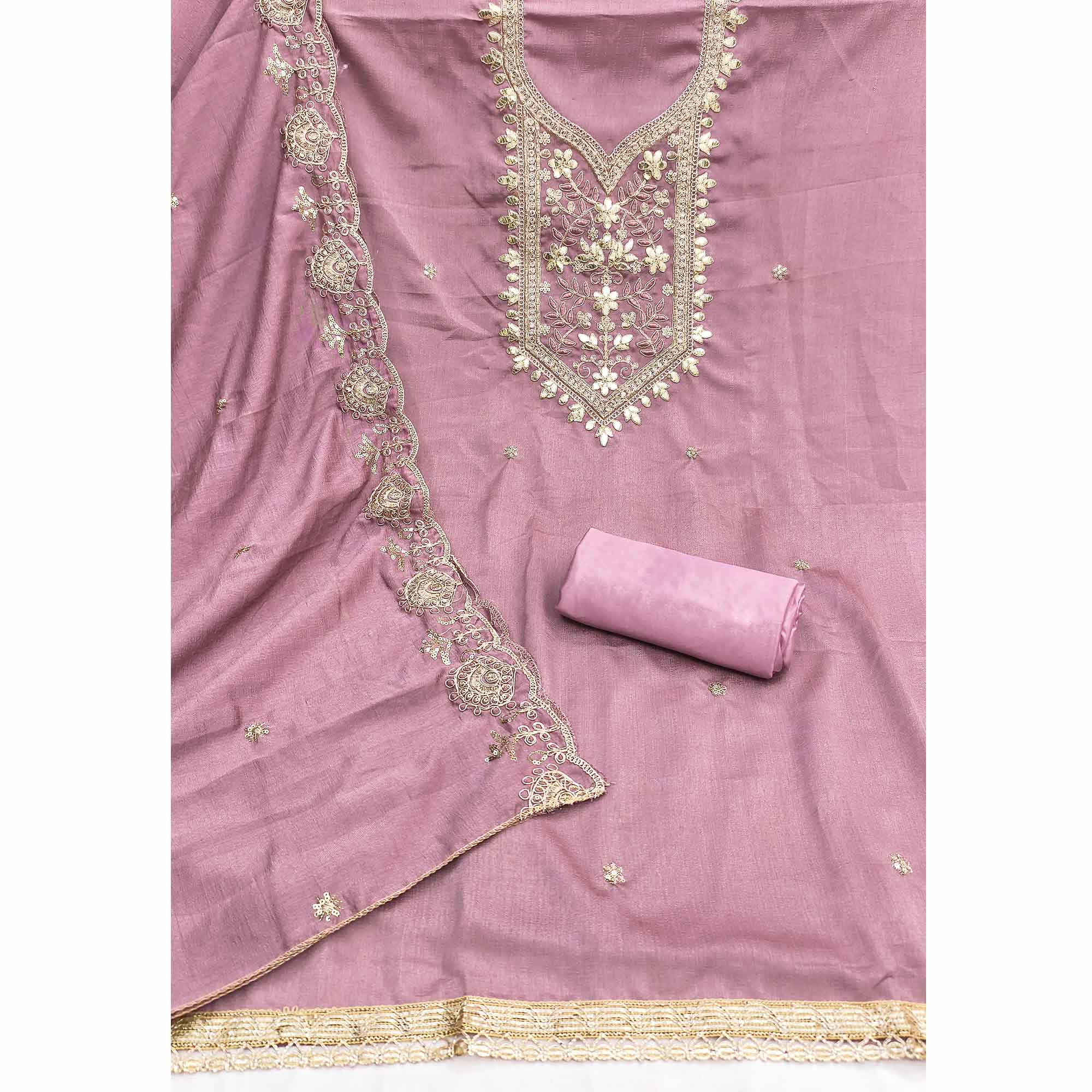 Timeless Onion Pink Floral Embroidered Vichitra Silk Dress Material Highlighted With Gota Patti Work
