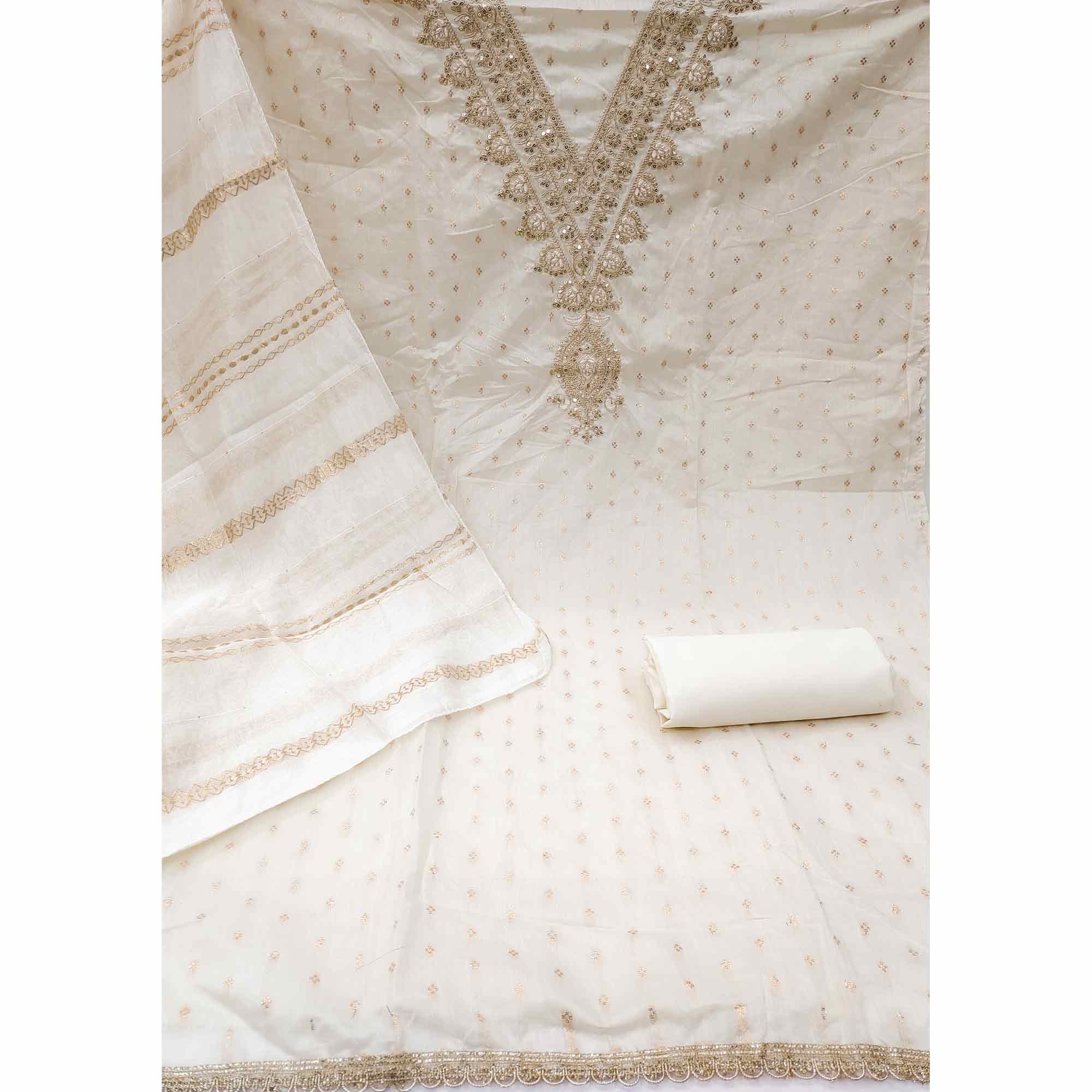 Graceful Cream Butti Motif Chanderi Silk Dress Material Featuring Floral Cording Embroidery Work