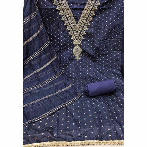Graceful Navy Blue Butti Motif Chanderi Silk Dress Material Featuring Floral Cording Embroidery Work