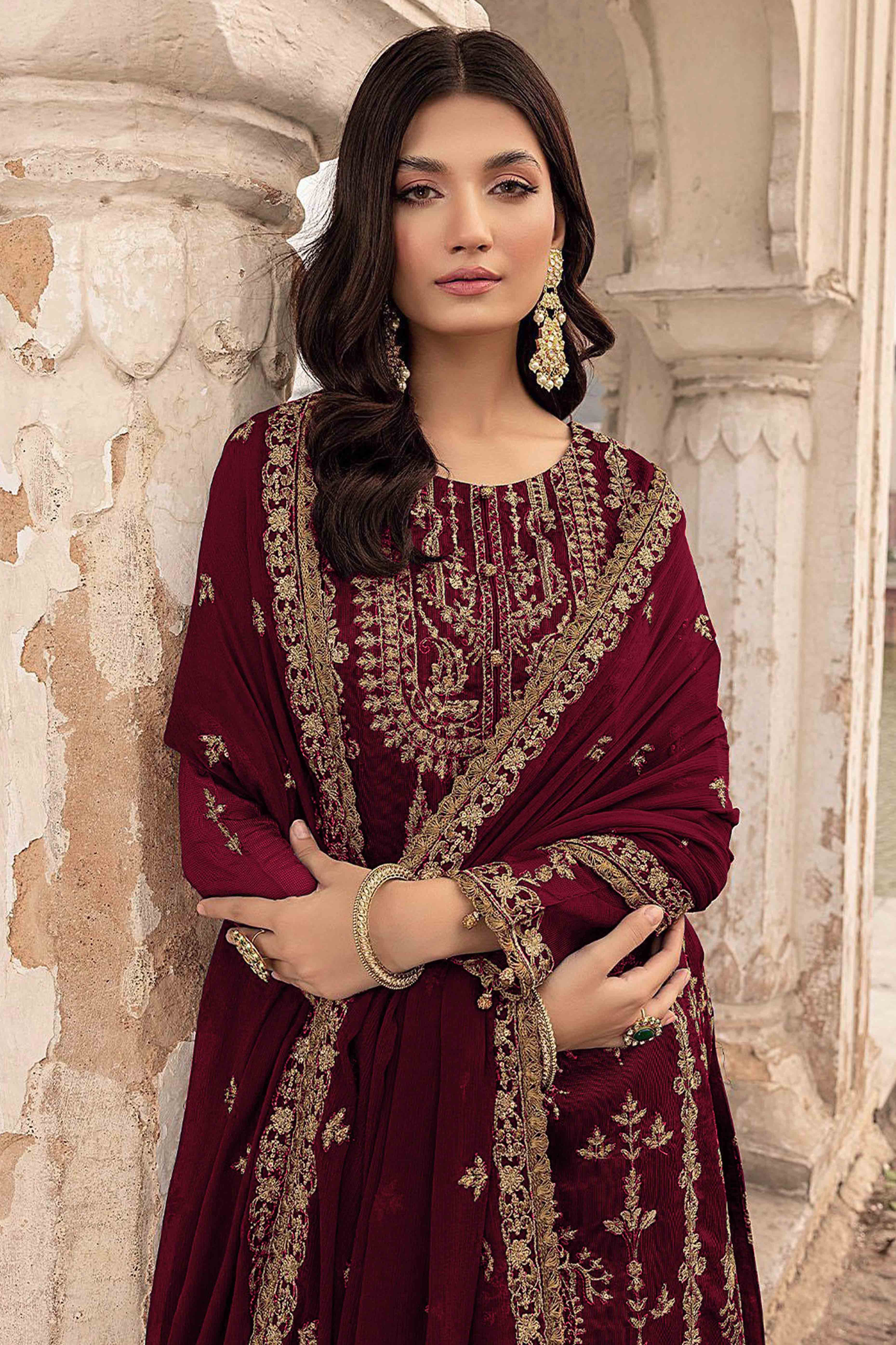 Maroon Floral Sequins Embroidered Georgette Semi Stitched Suit