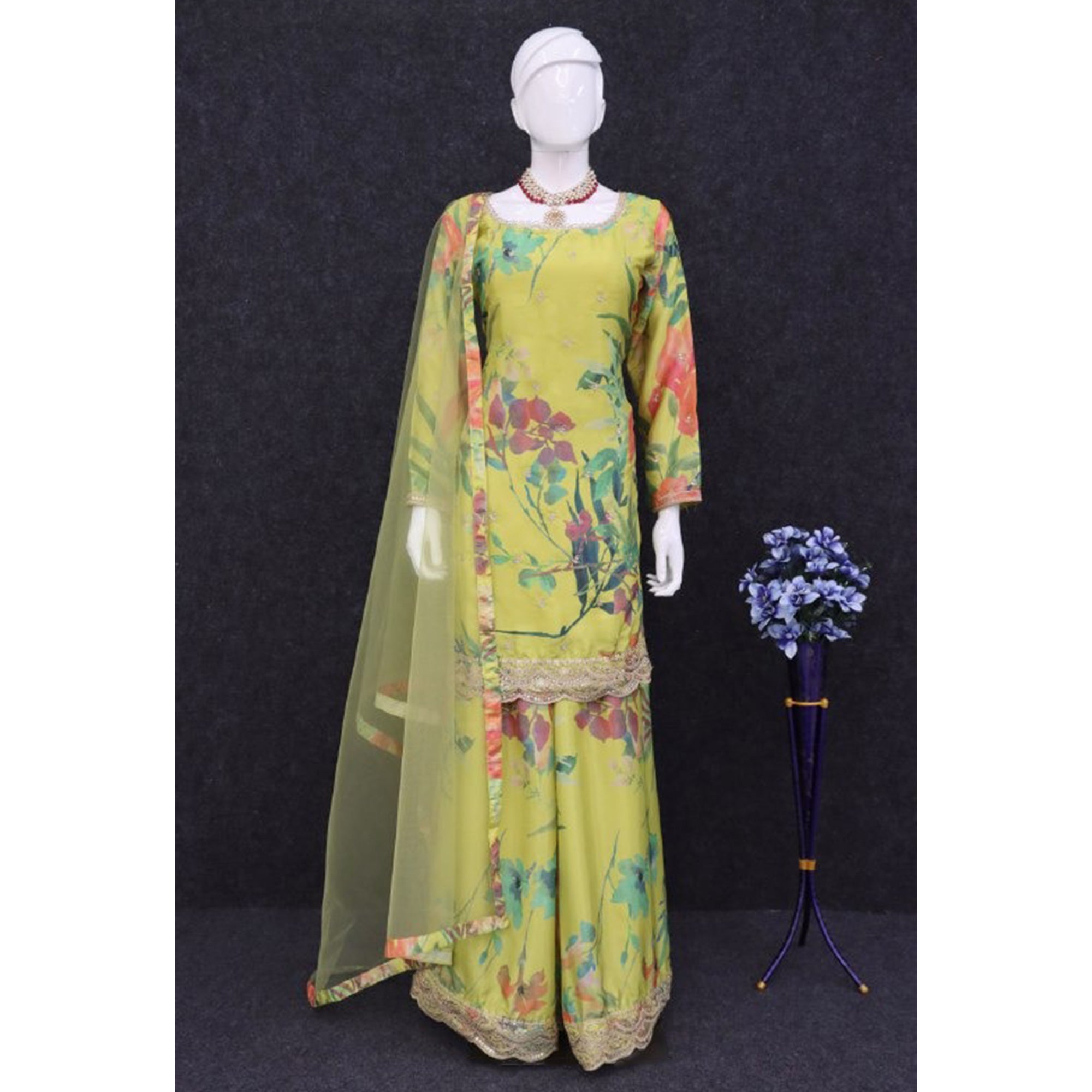 Green Floral Digital Print With Sequins Embroidered Chinon Palazzo Suit