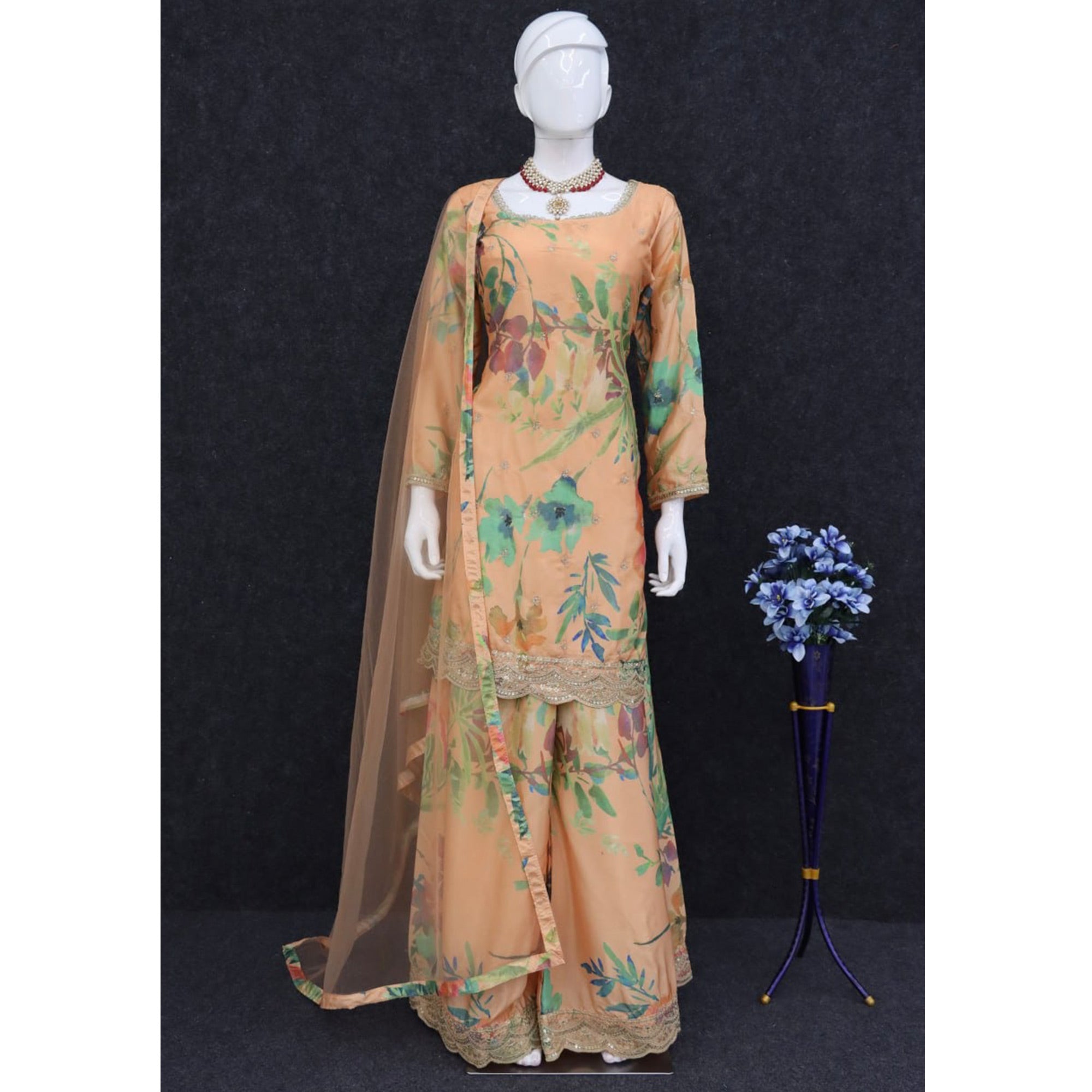 Peach Floral Digital Print With Sequins Embroidered Chinon Palazzo Suit