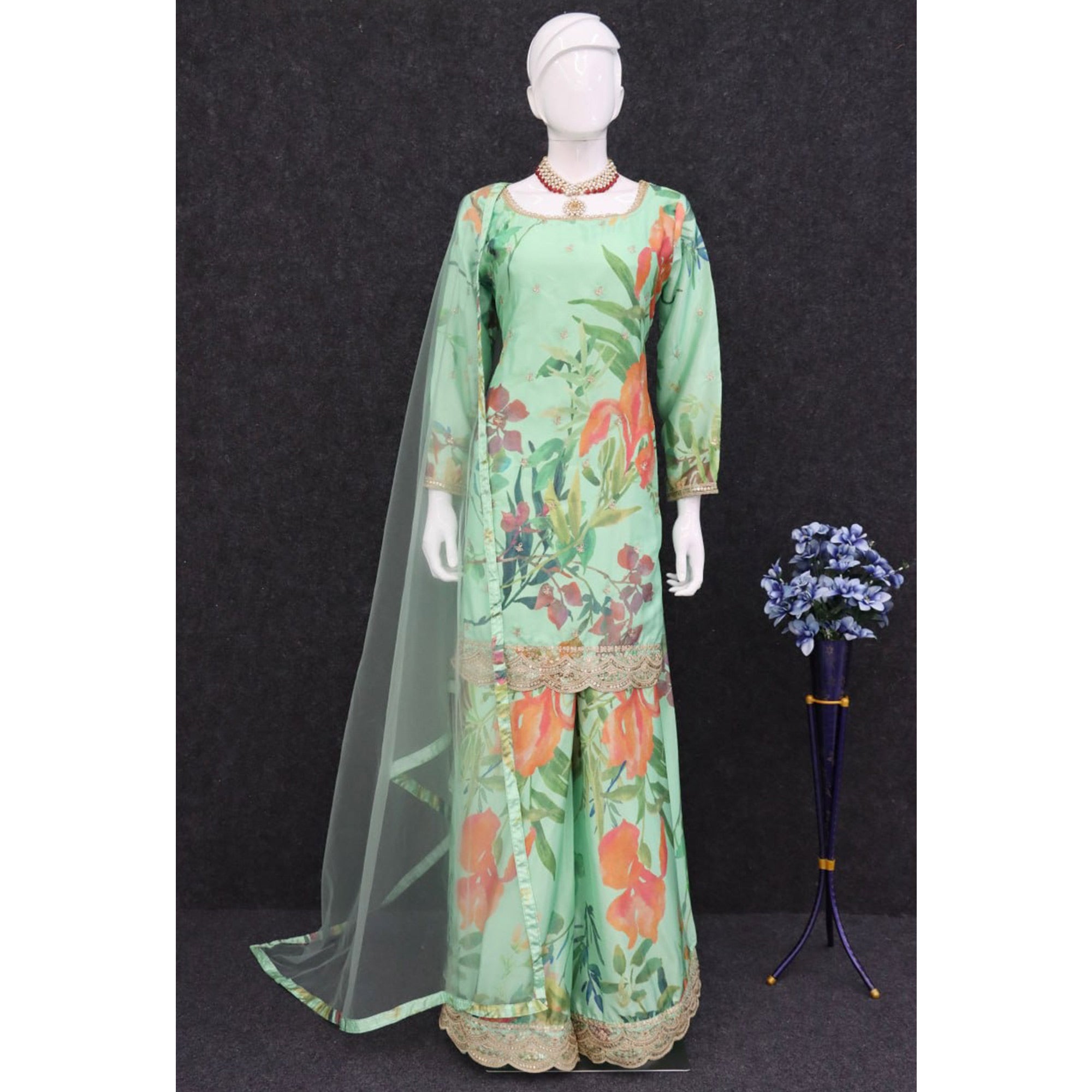 Turquoise Floral Digital Print With Sequins Embroidered Chinon Palazzo Suit