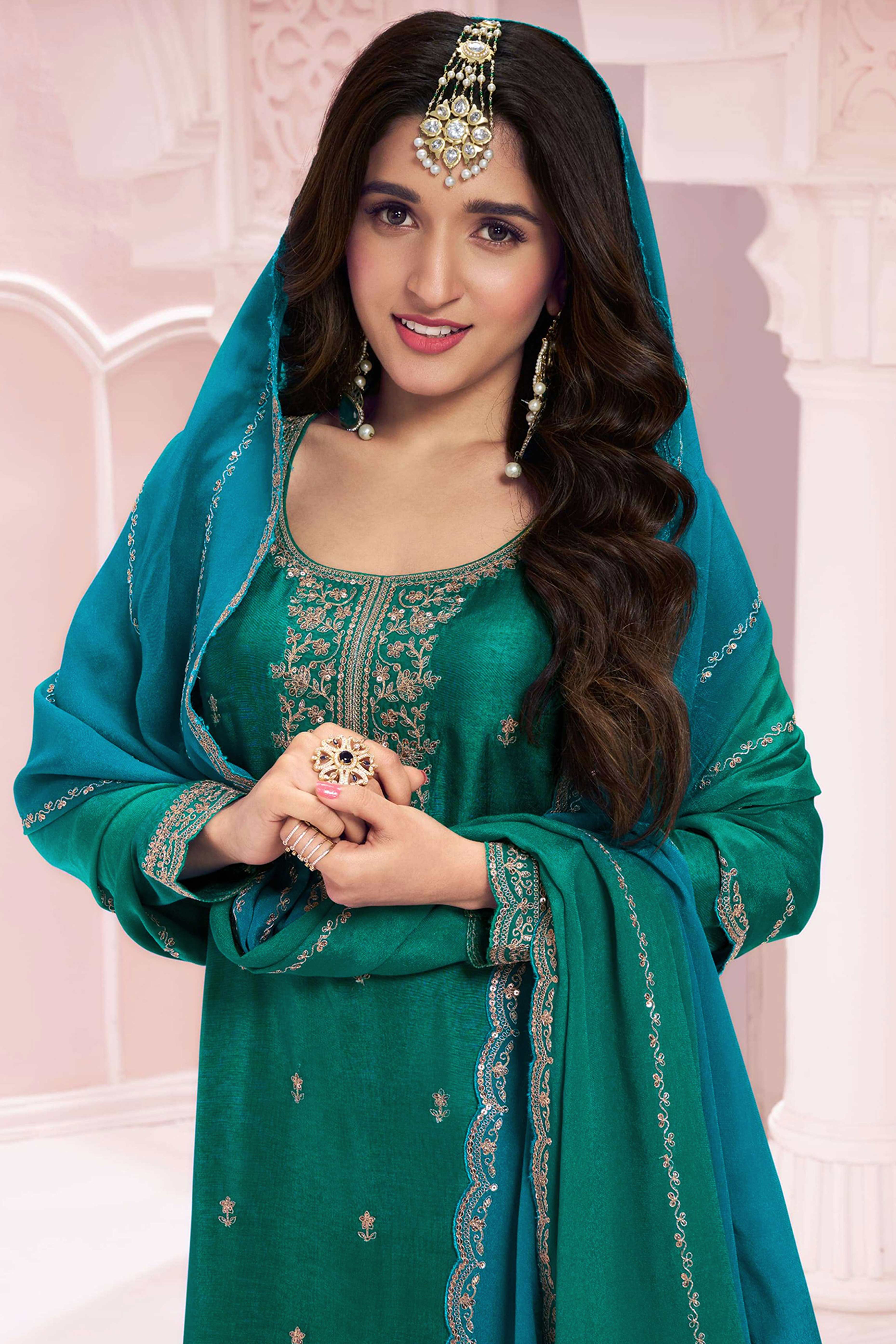 Green Sequins Embroidered Butti Vichitra Silk Semi Stitched Salwar Suit