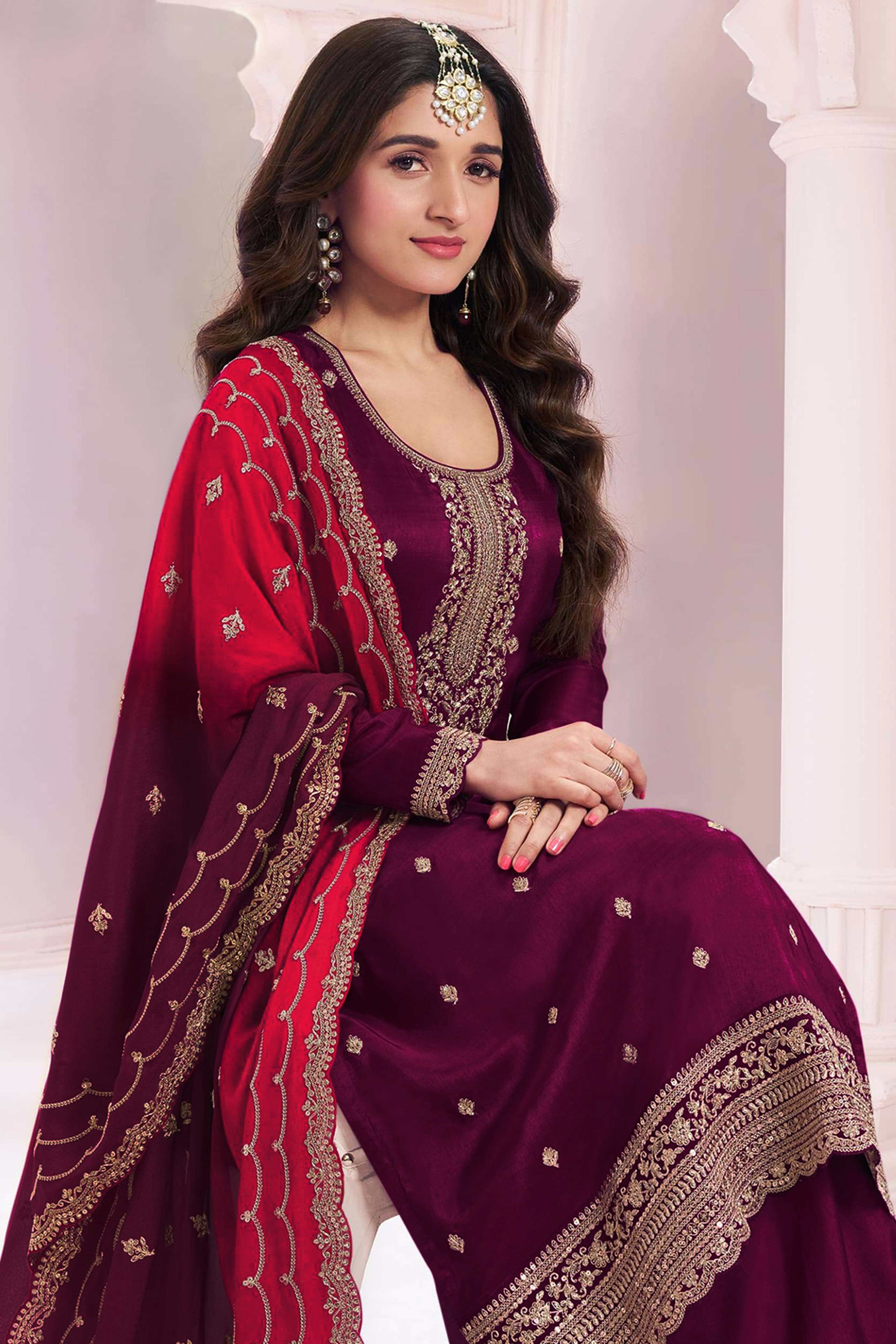 Wine Sequins Embroidered Butti Vichitra Silk Semi Stitched Salwar Suit