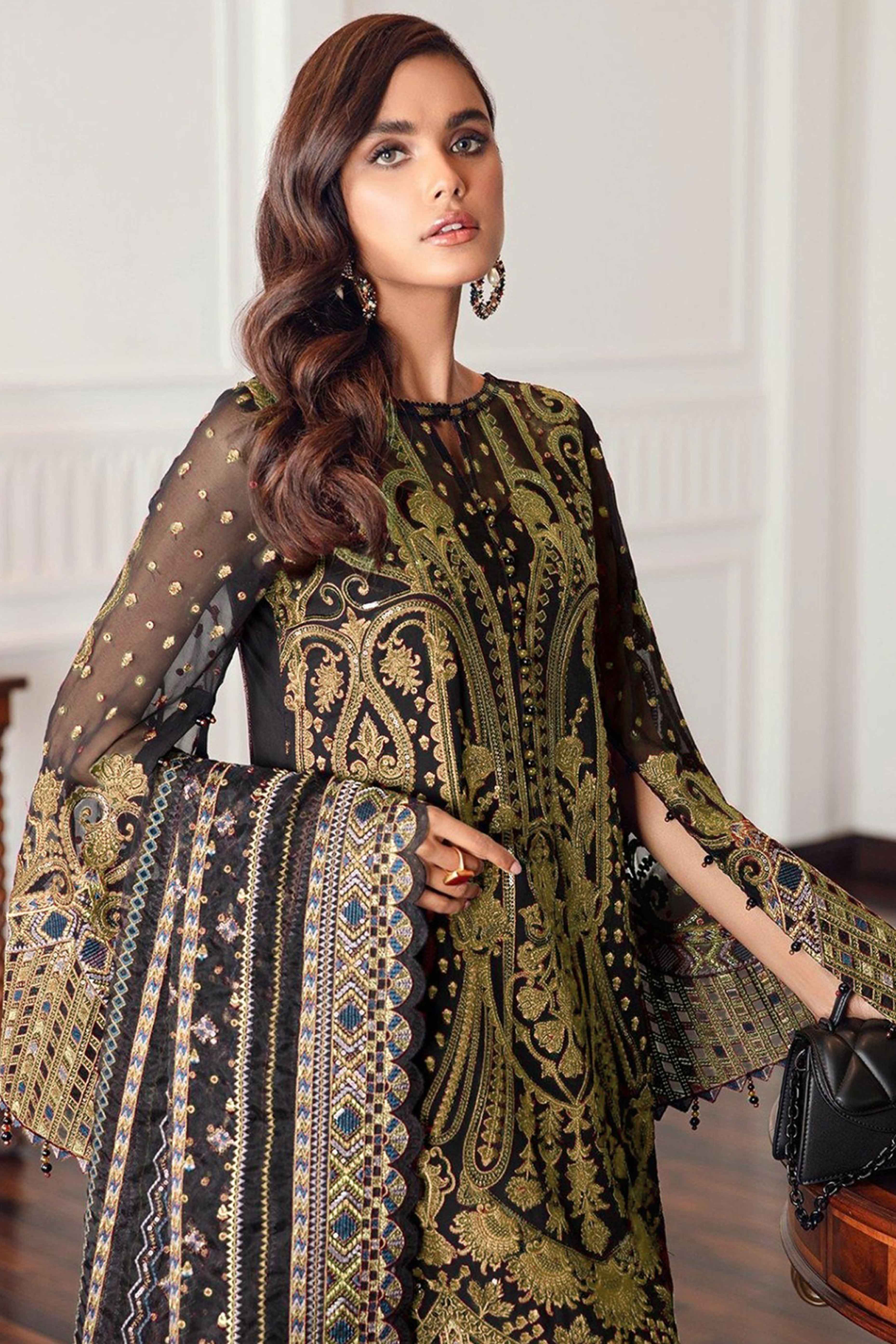 Black Georgette Semi Stitched Suit With Floral Goldern Yellow Embroidery & Zarkan Work