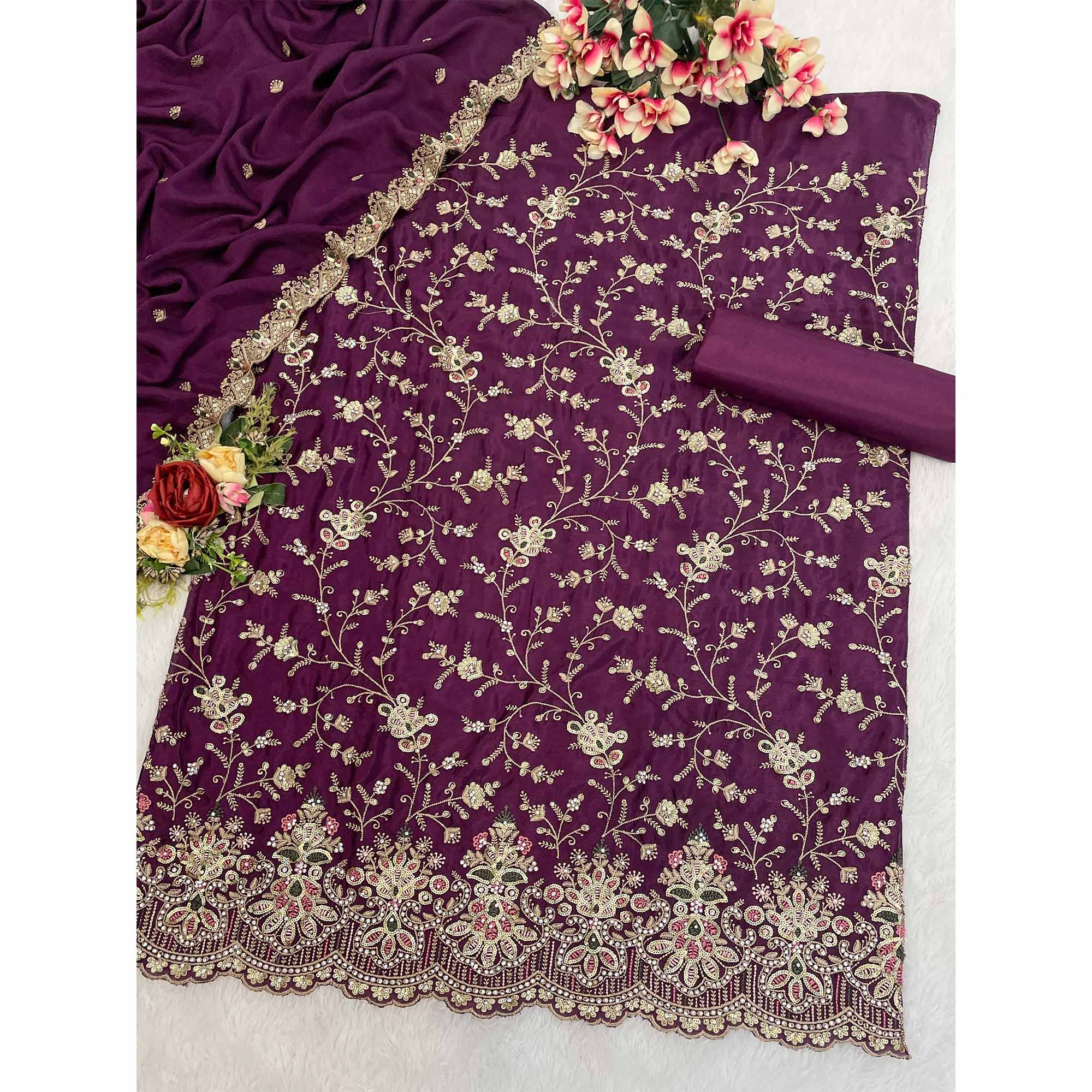 Embroidered Wine Semi Stitched Suit With A Touch of Sequin & Studded Zarkan Work