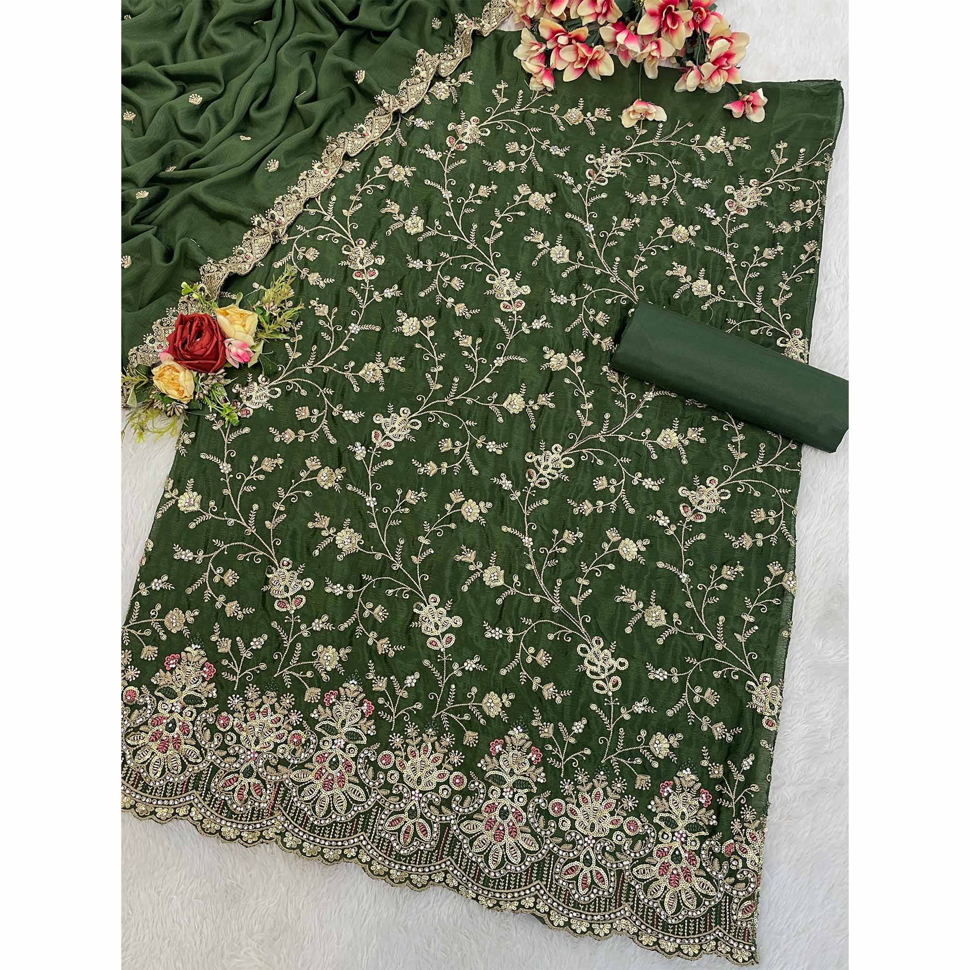 Embroidered Green Semi Stitched Suit With A Touch of Sequin & Studded Zarkan Work